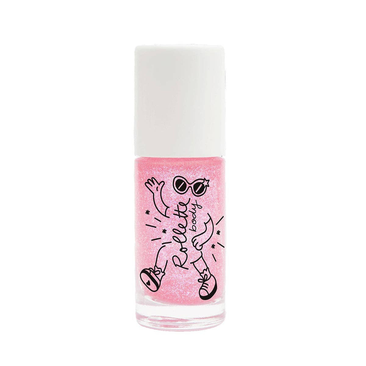Pink nail polish bottle with a white cap on a white background