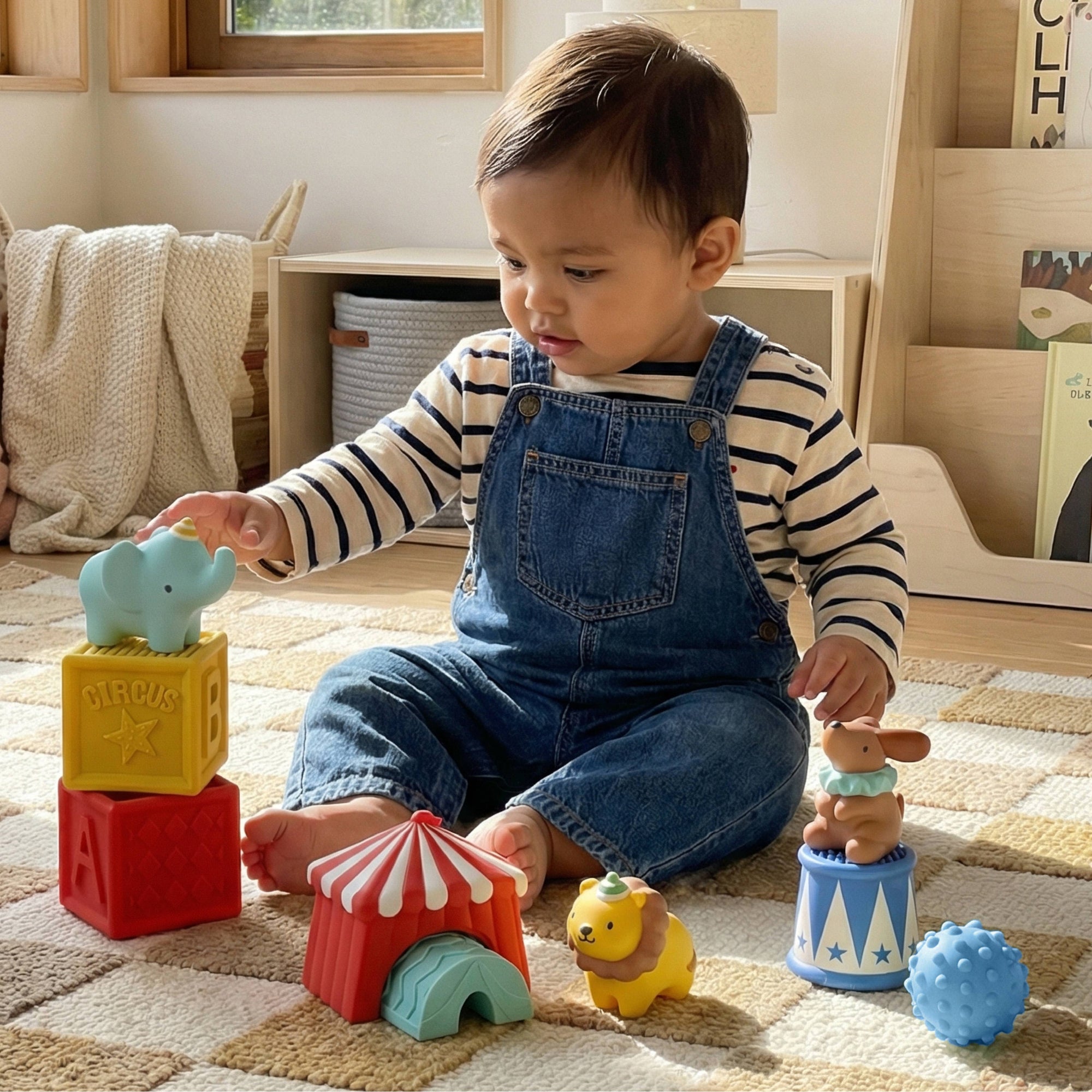 A toddler sits on a checkered rug playing with colorful wooden toy blocks and circus-themed toys in a bright, neutral-toned room.