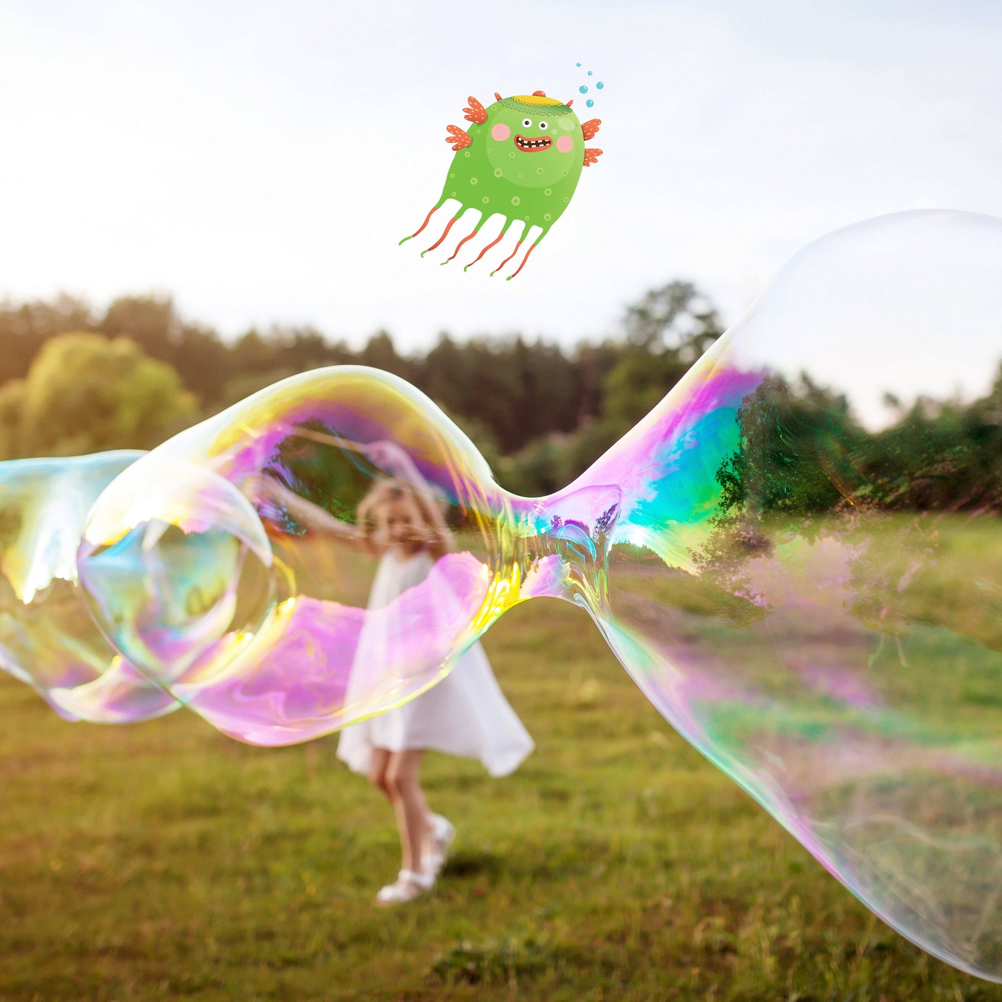 Child in a white dress playing with large bubbles in a park