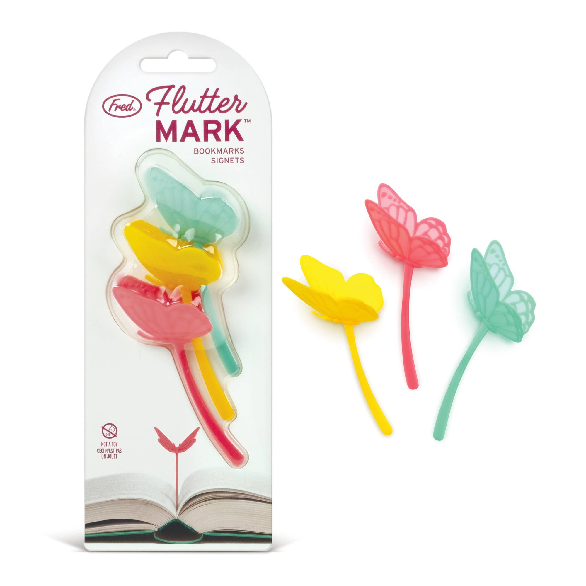 Flower-shaped Flutter Mark bookmarks with packaging on a white background