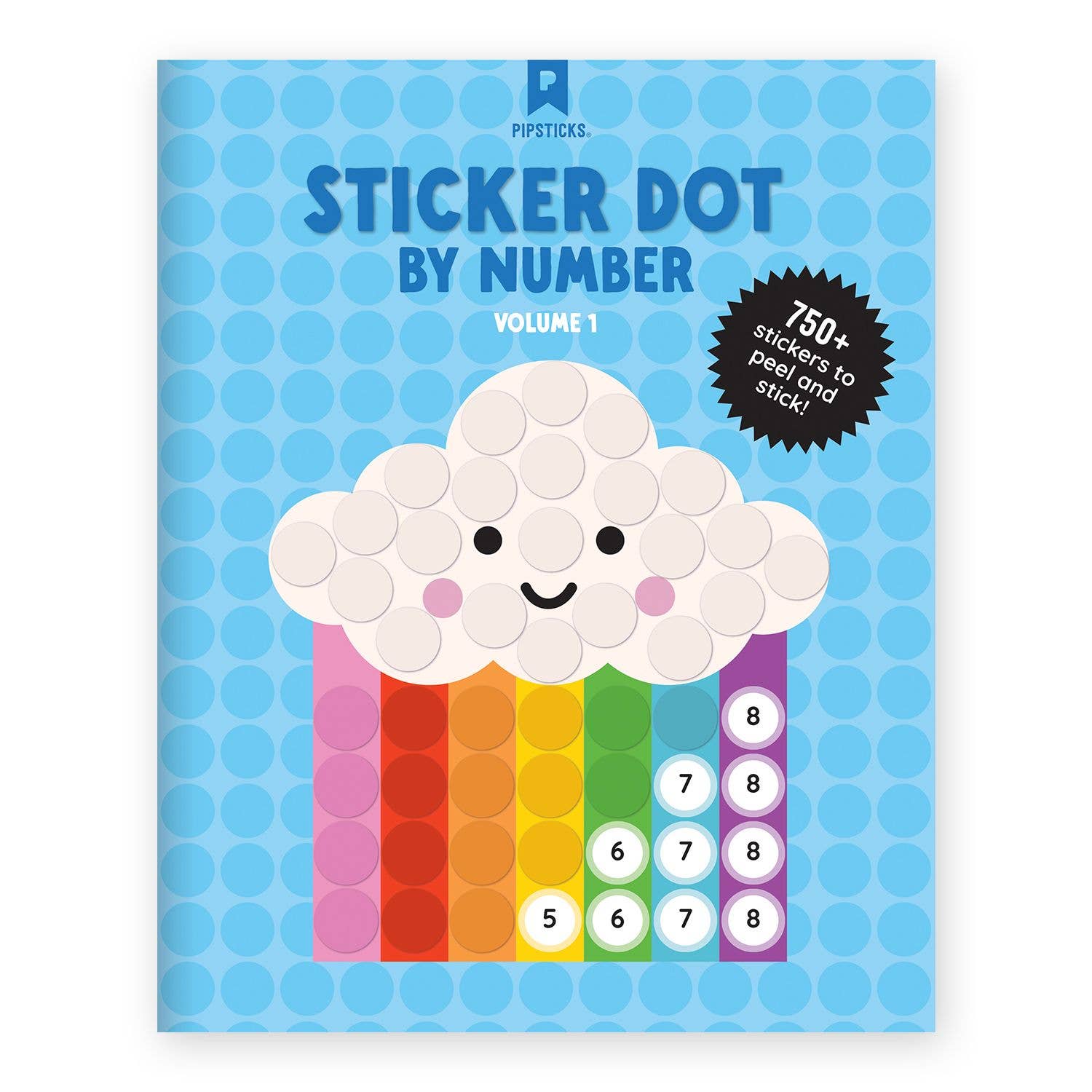 Sticker book titled 'Sticker Dot by Number' with a cloud design on a blue background