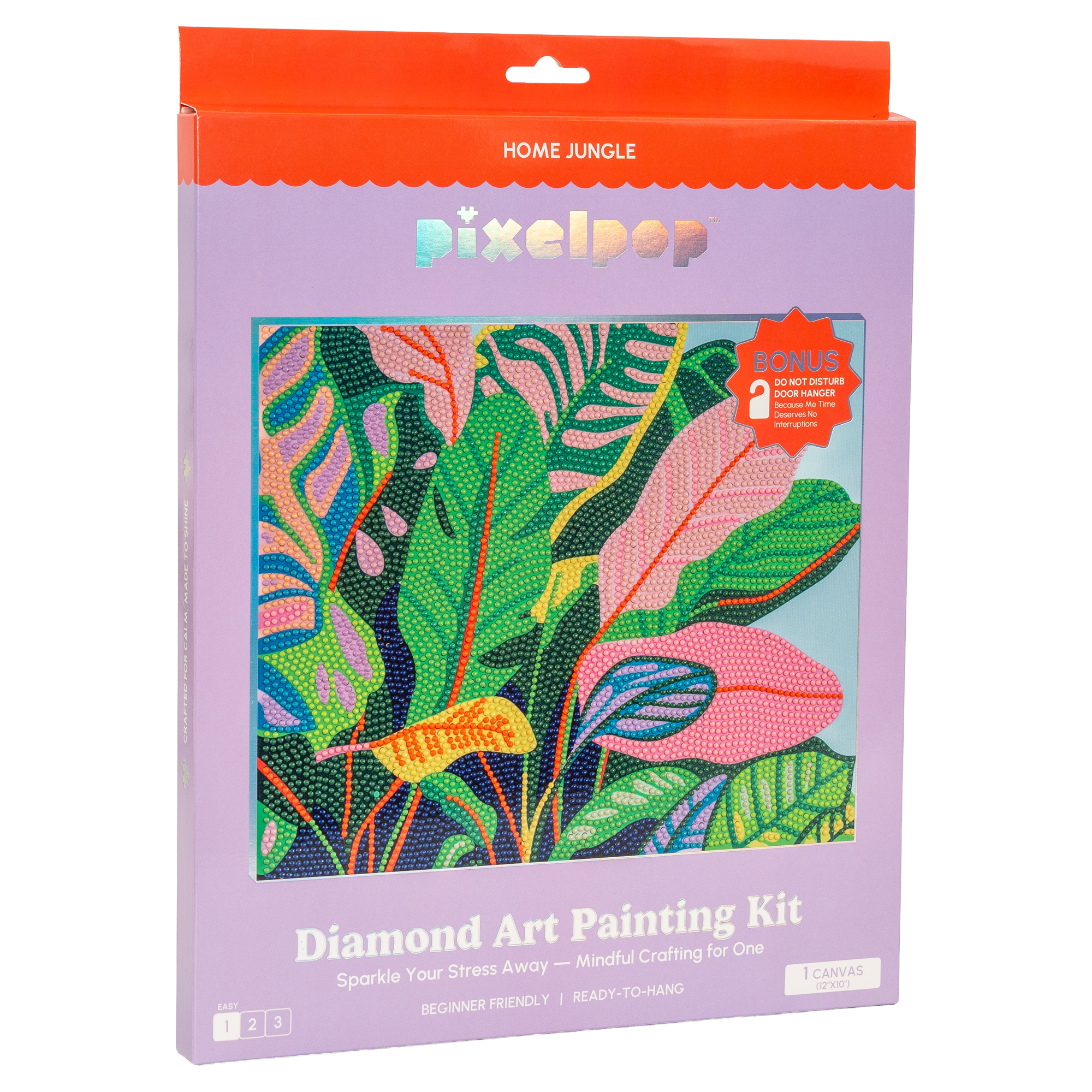 PixelPop diamond art painting kit packaging with colorful leaves design on a white background