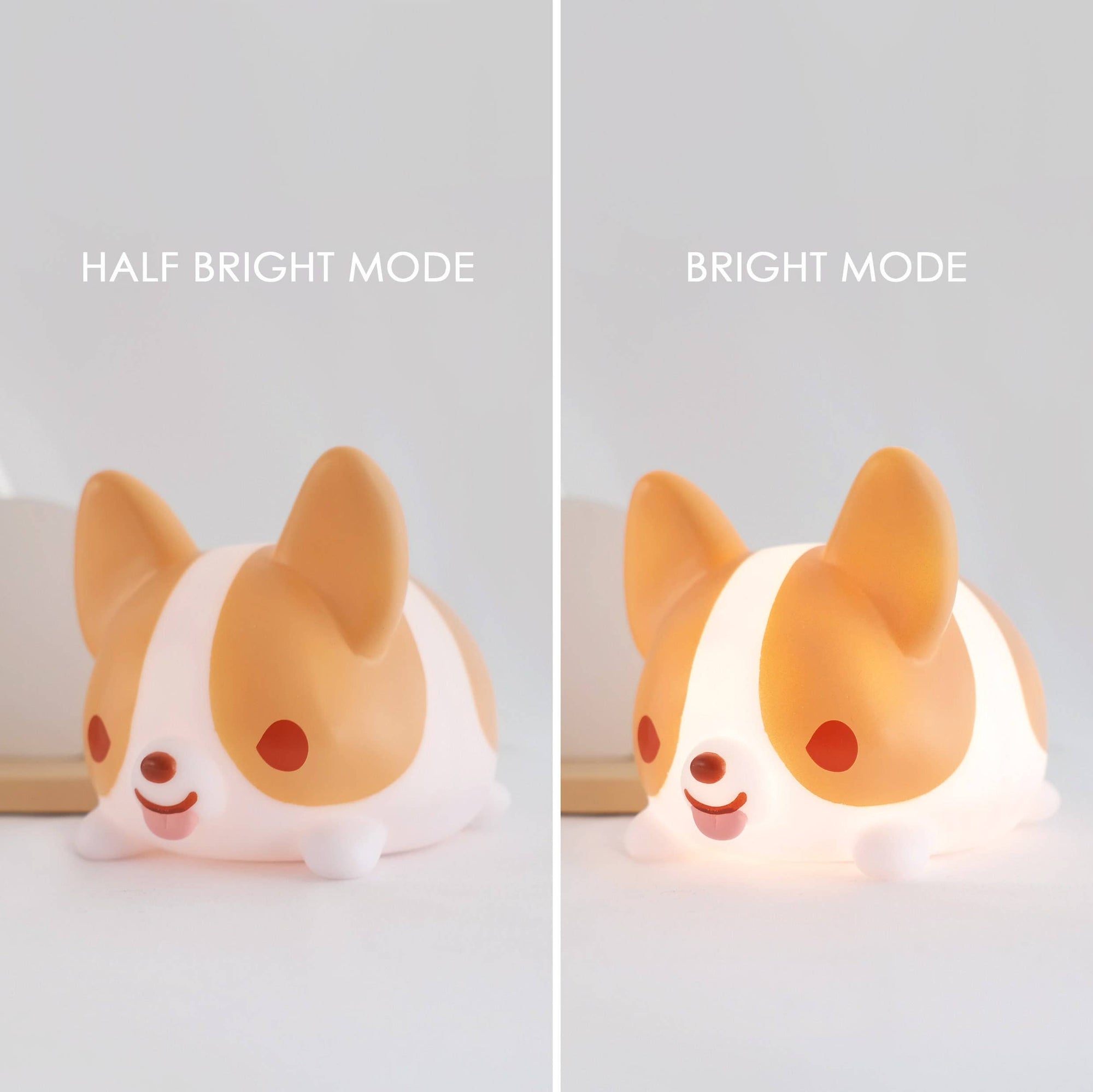 Corgi-shaped night light in half bright and bright modes on a white background