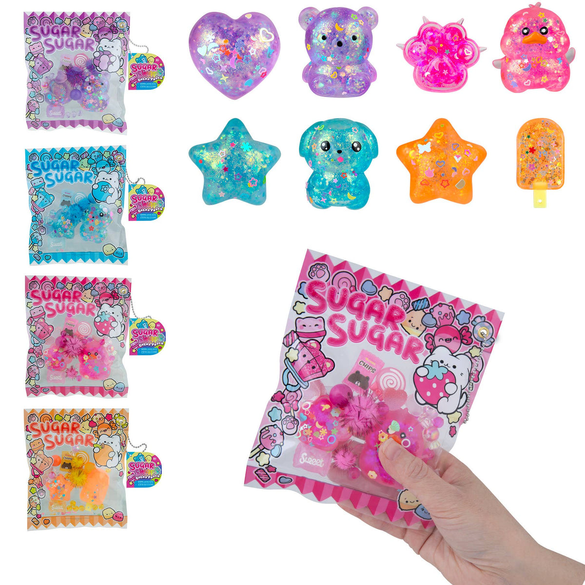 Colorful 'Sugar Sugar' toy packaging with various toys on a white background