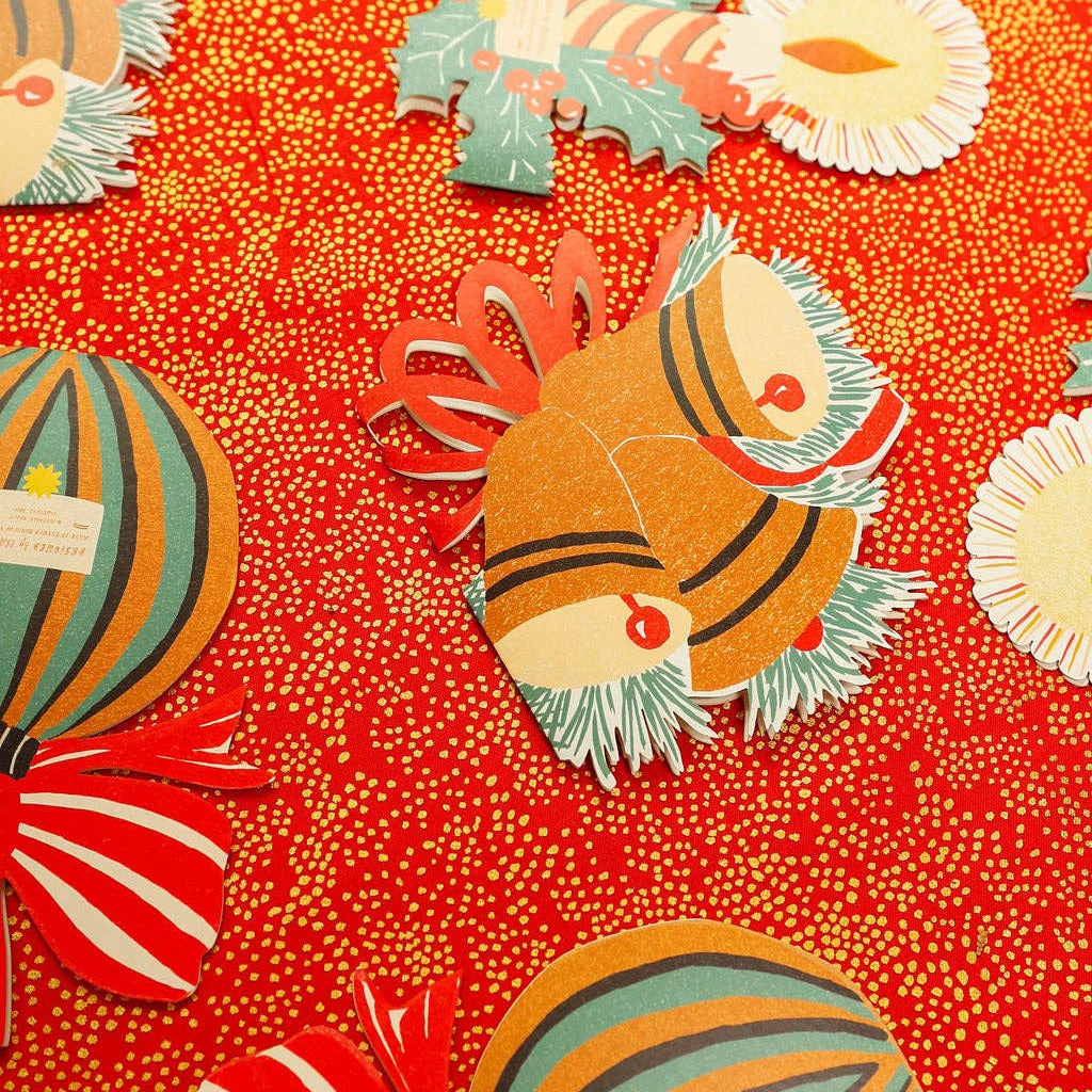 Vintage-style pattern with colorful fish and shells on a red background