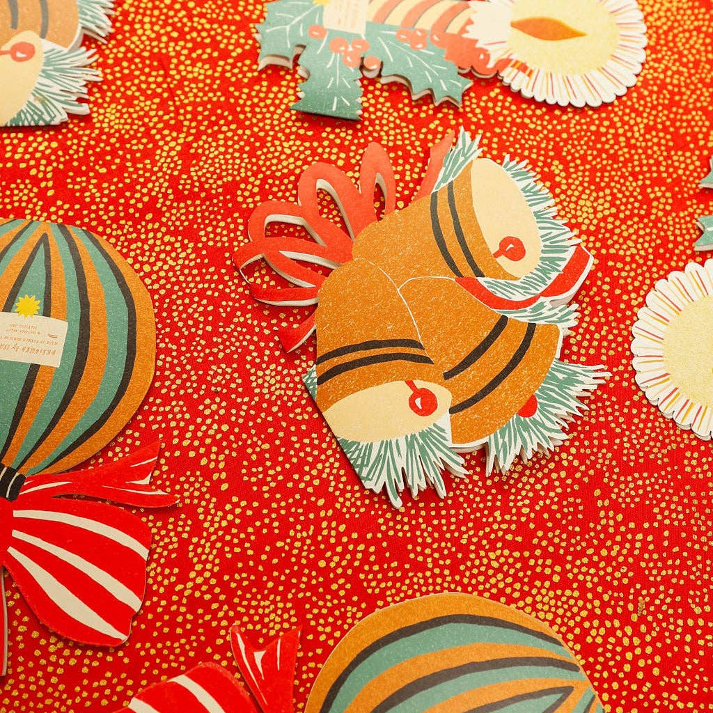 Vintage-style pattern with colorful cards on a red background