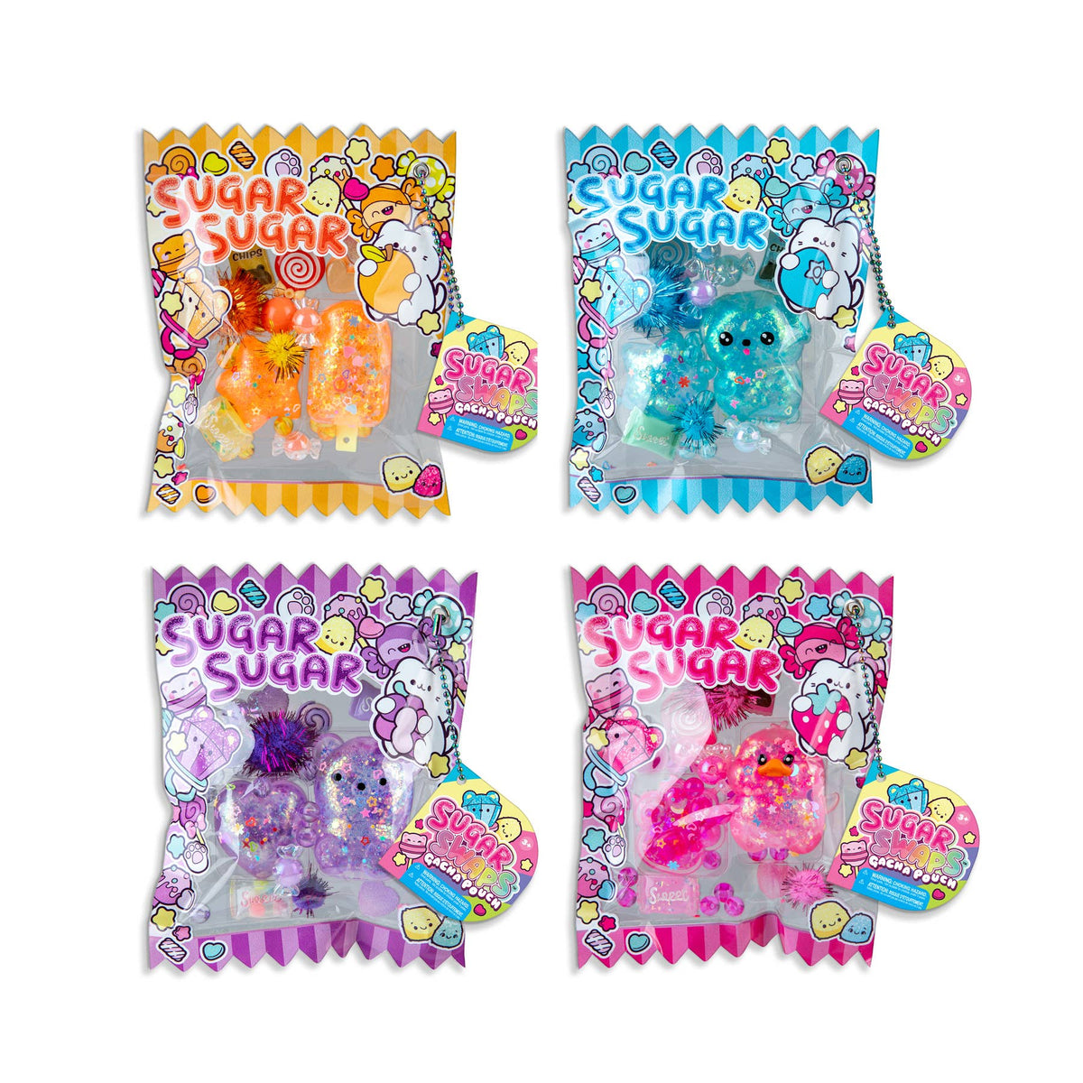 Four packages of 'Sugar Sugar' toys with colorful packaging on a white background