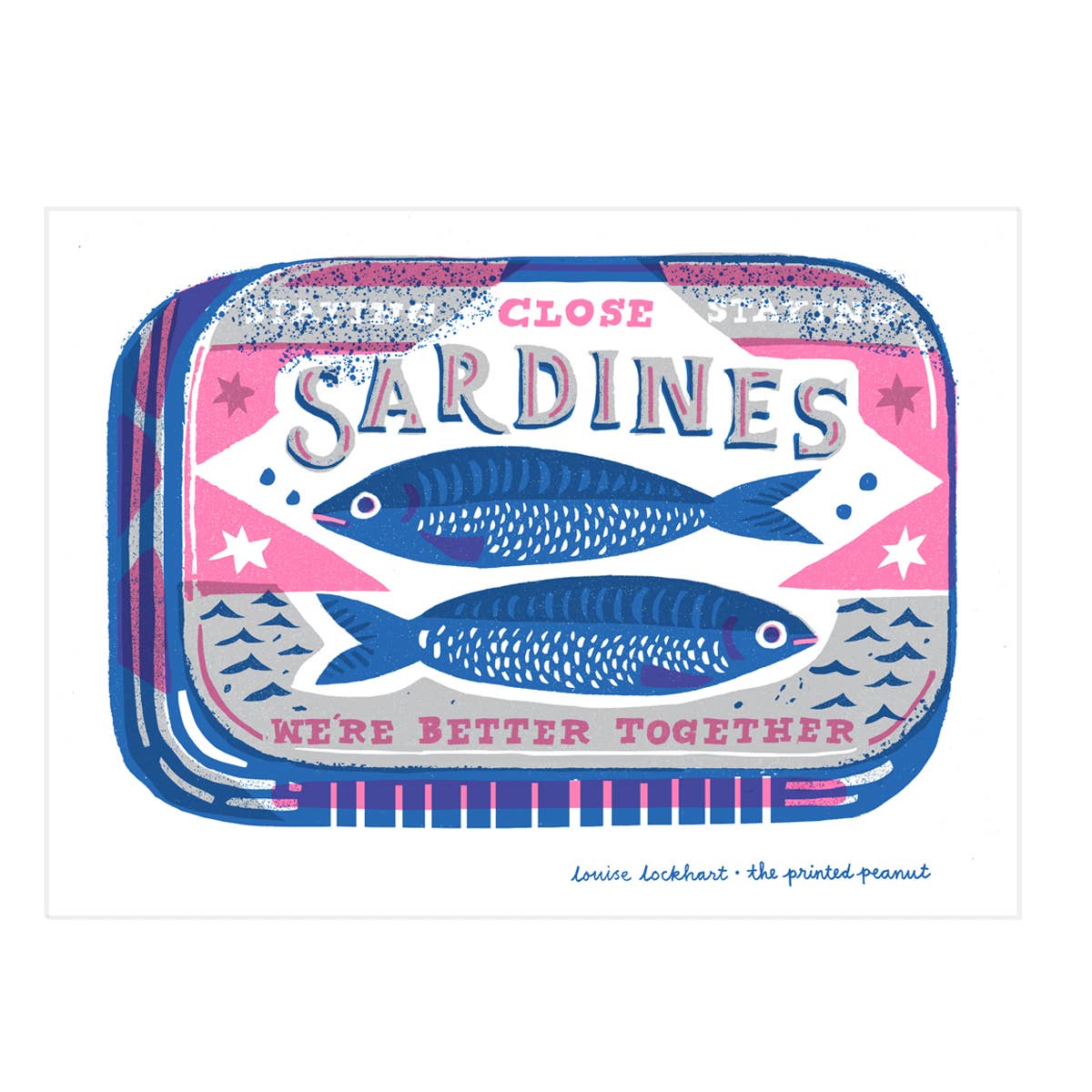 Sardine can-shaped tin with blue fish illustration and text on a white background