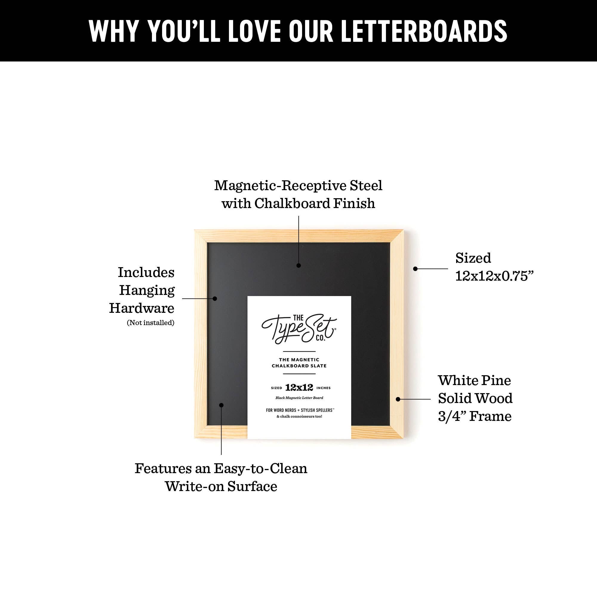 Letterboard with features highlighted on a white background