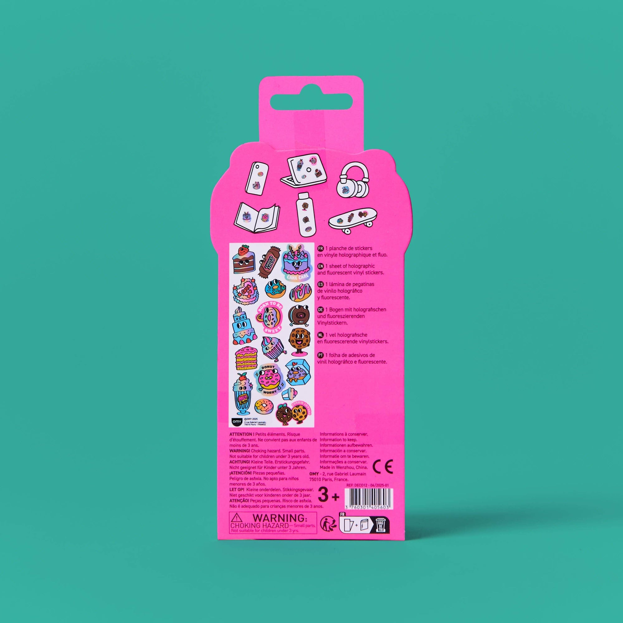 Pink packaging with illustrations on a teal background