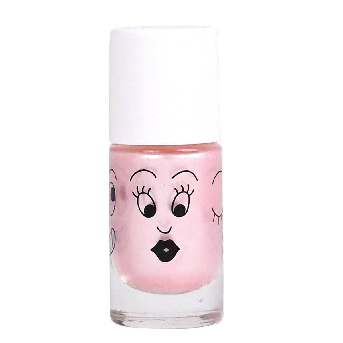 A bottle of pink nail polish with a white cap, featuring a cute cartoon face printed on the bottle.