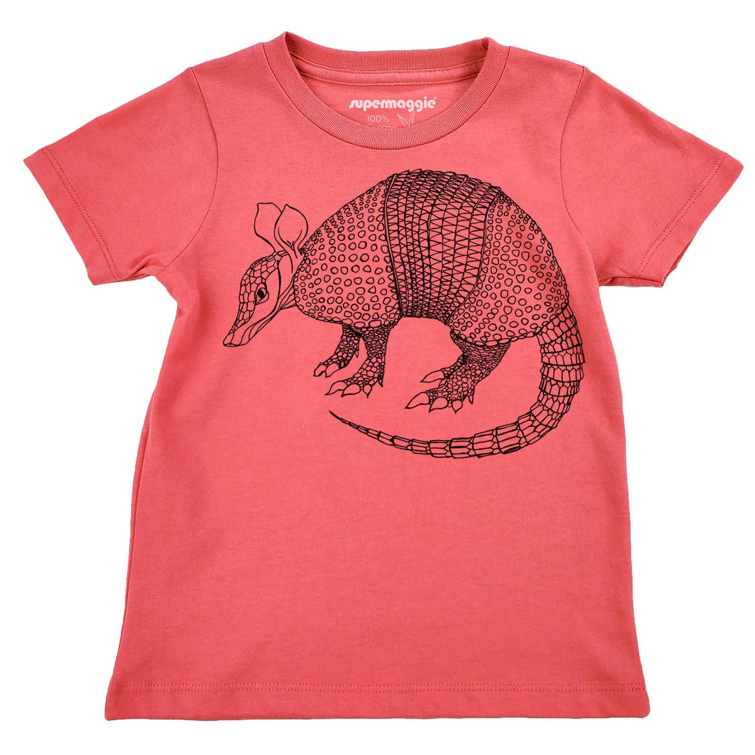 Red t-shirt with an armadillo graphic on a white background