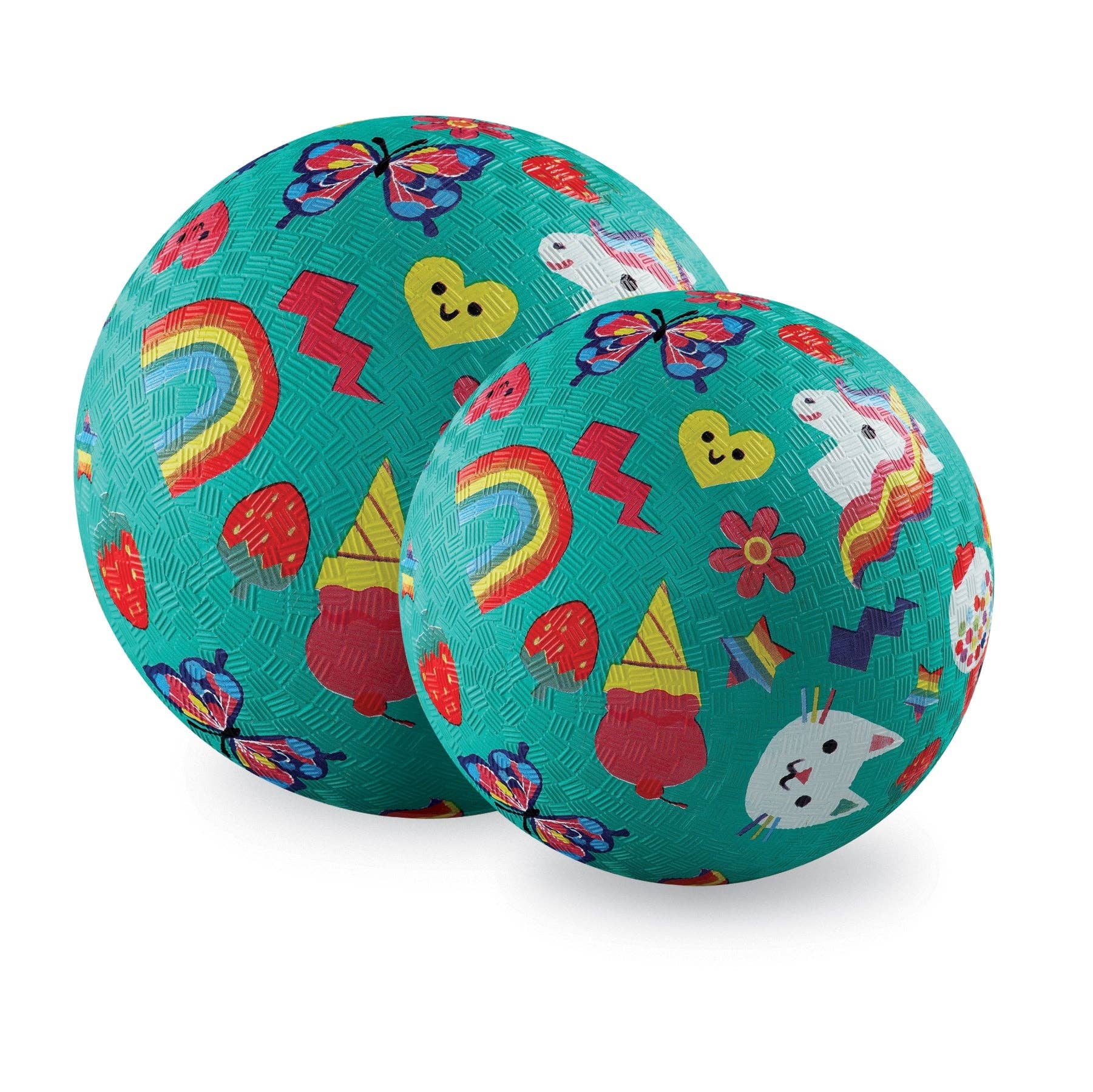 Two colorful children's balls with cartoon designs on a white background
