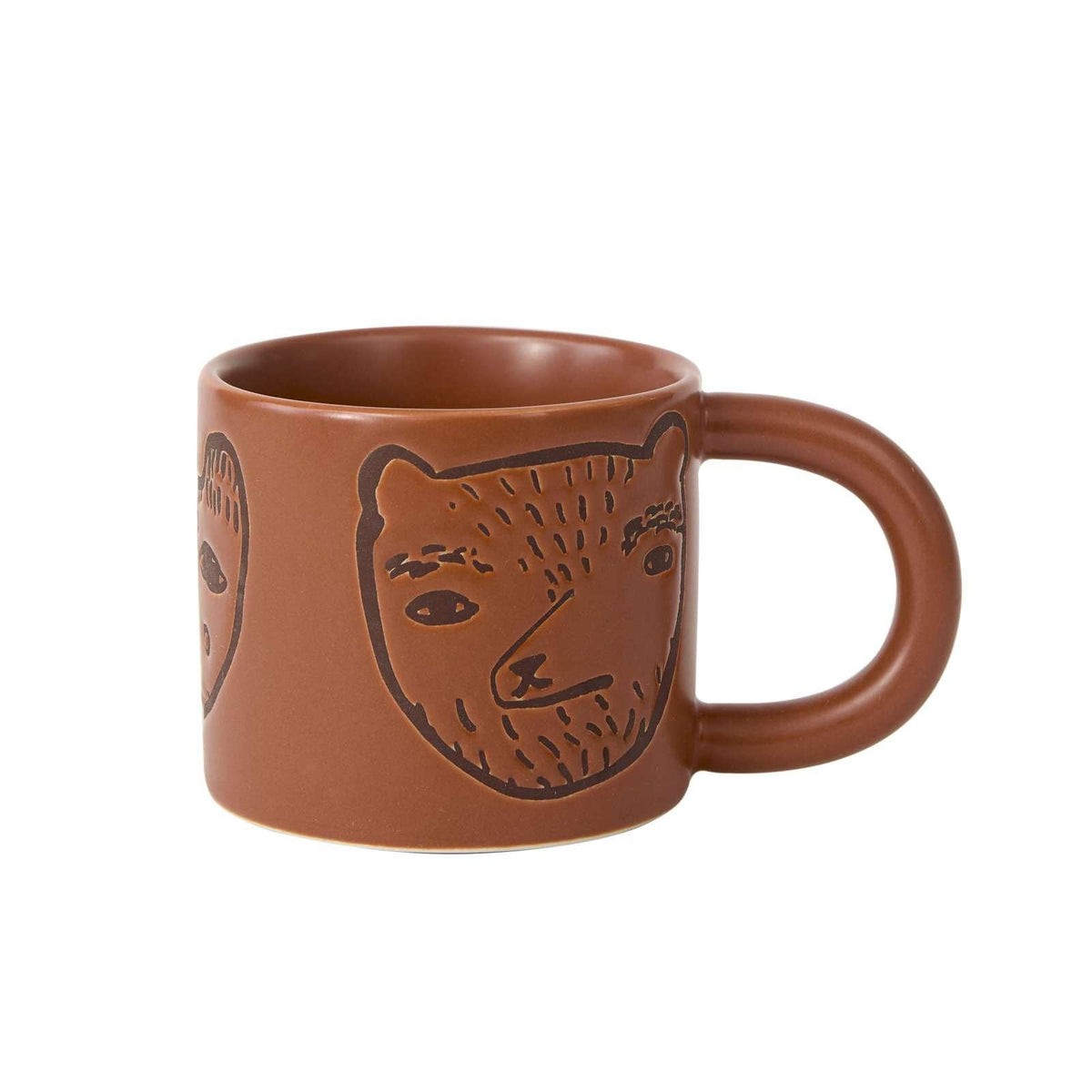 A terracotta brown ceramic mug featuring an embossed bear face design on the side, shown against a plain white background.