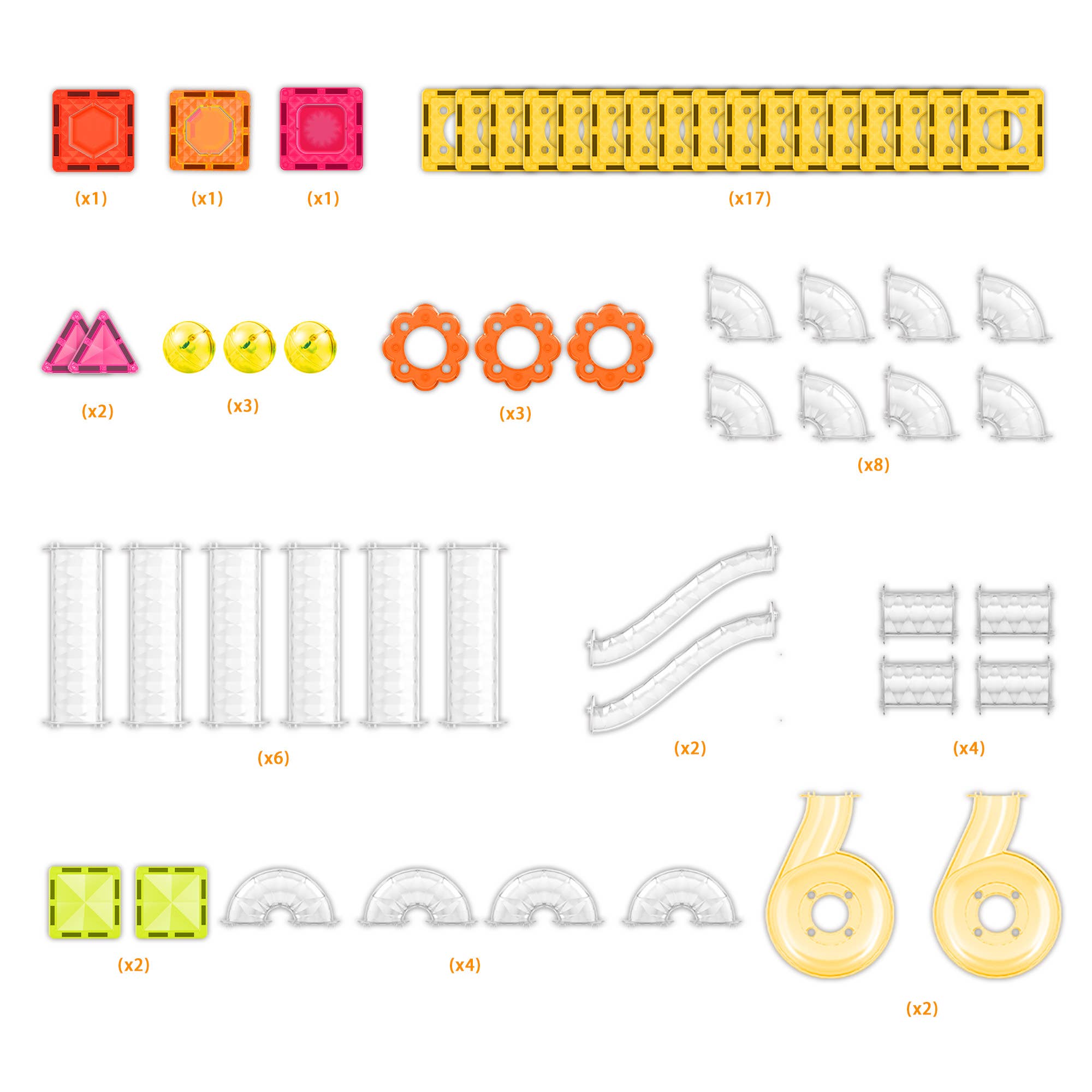 Set of various building block pieces on a white background