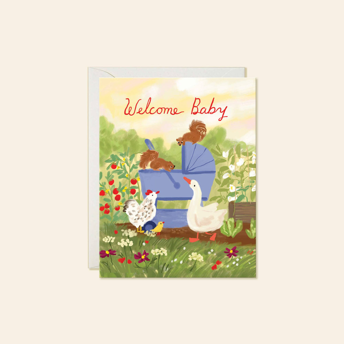 A square greeting card with a white envelope behind it, featuring a colorful illustration of farm animals around a blue baby stroller. The card reads 'Welcome Baby' in red script and is shown on a light beige background.