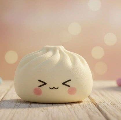 Stuffed toy resembling a bun with a face on a wooden surface