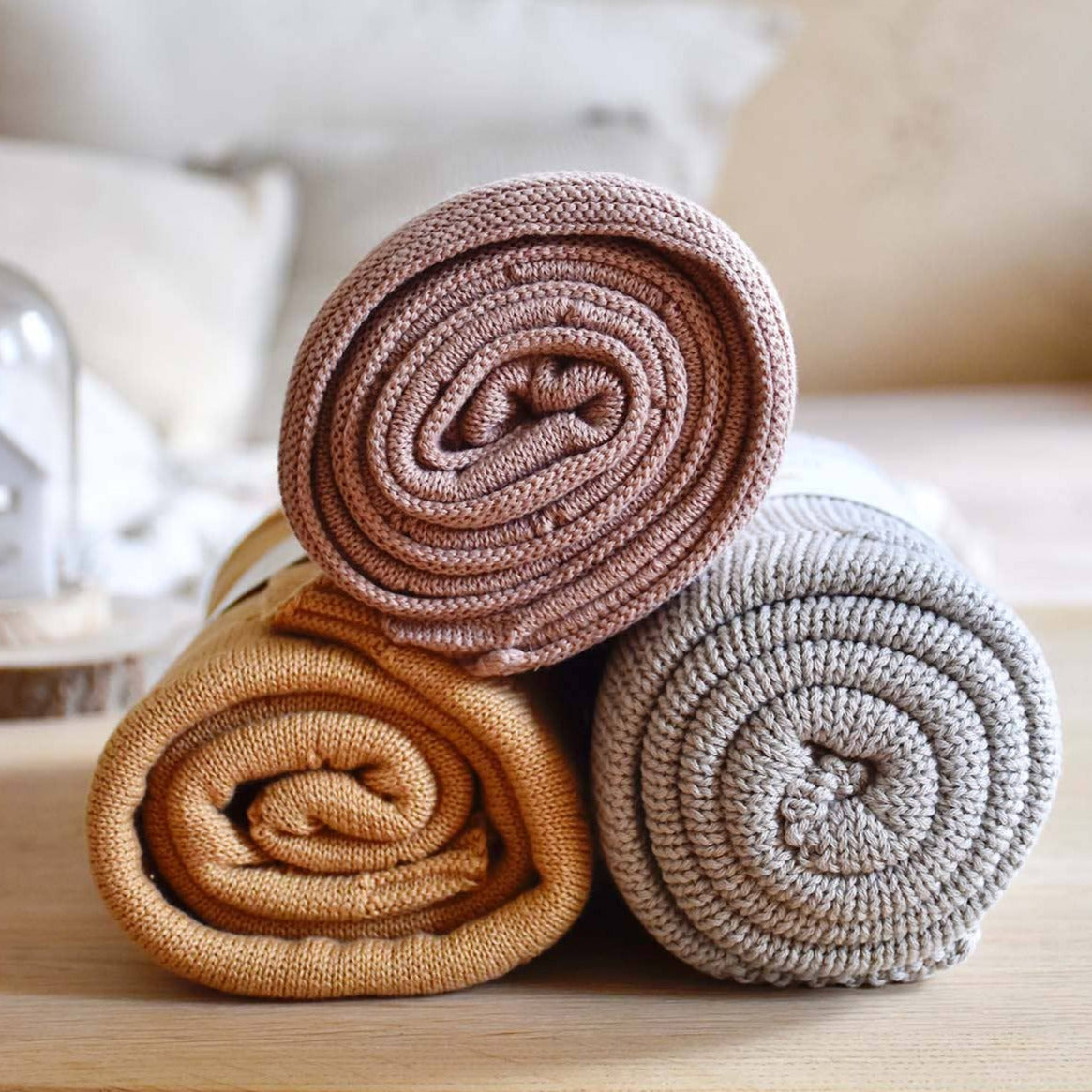 Organic Cotton Knitted Blanket -Ochre