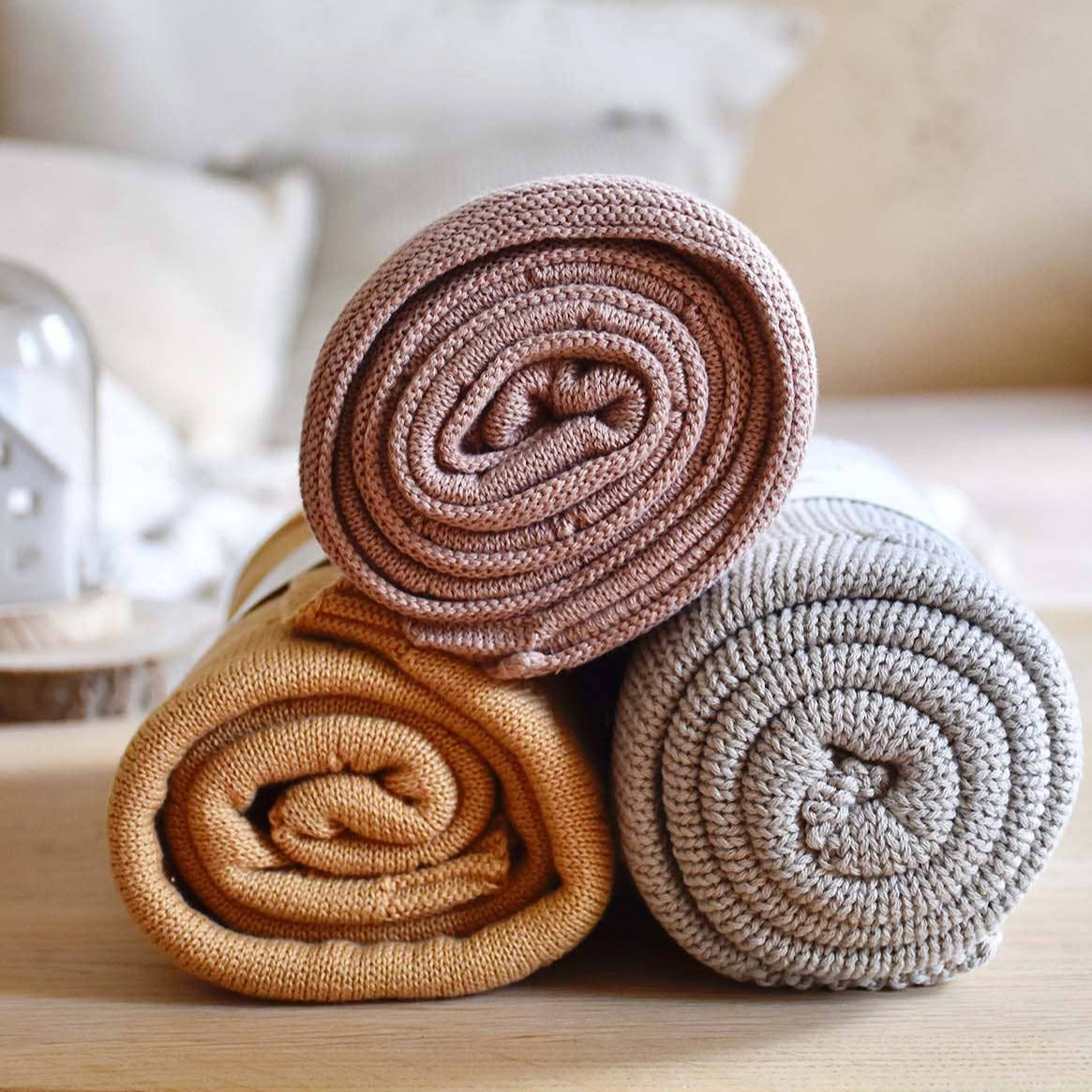 Organic Cotton Knitted Blanket -Warm Stone