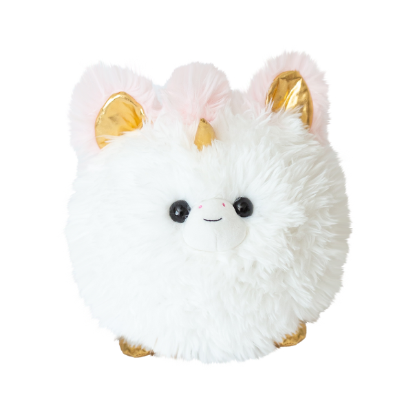 White plush toy with gold accents on a white background