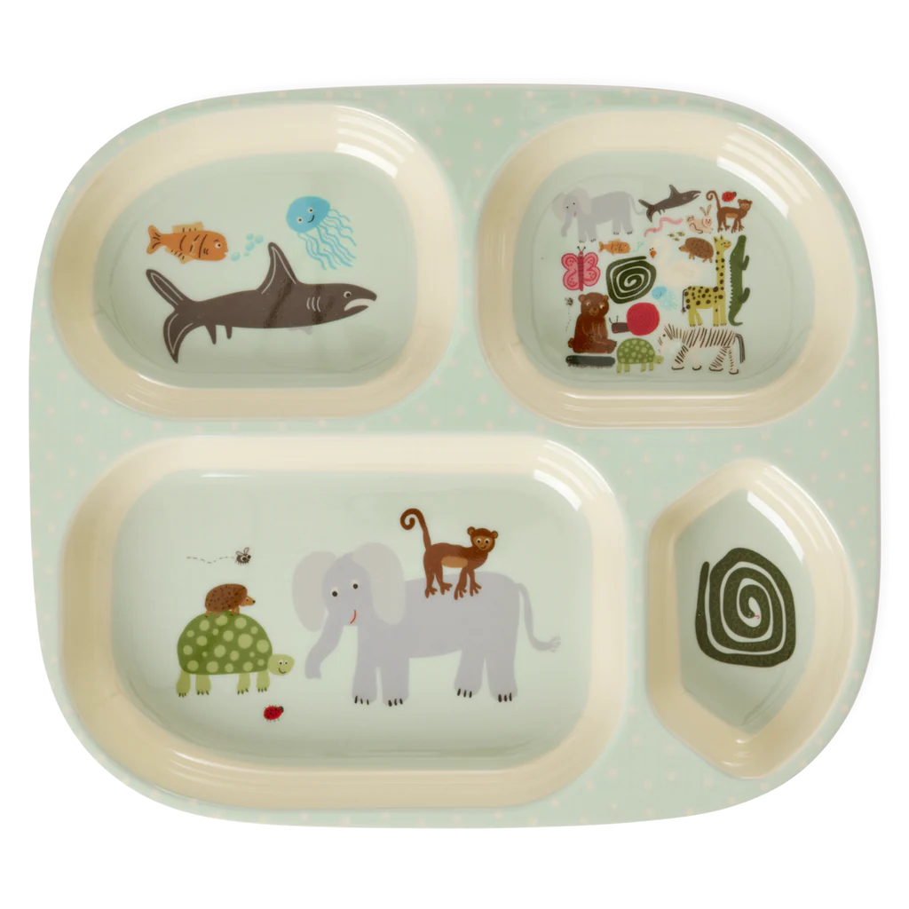 Melamine Kids 4 Room Plate - Mint Wildlife Print