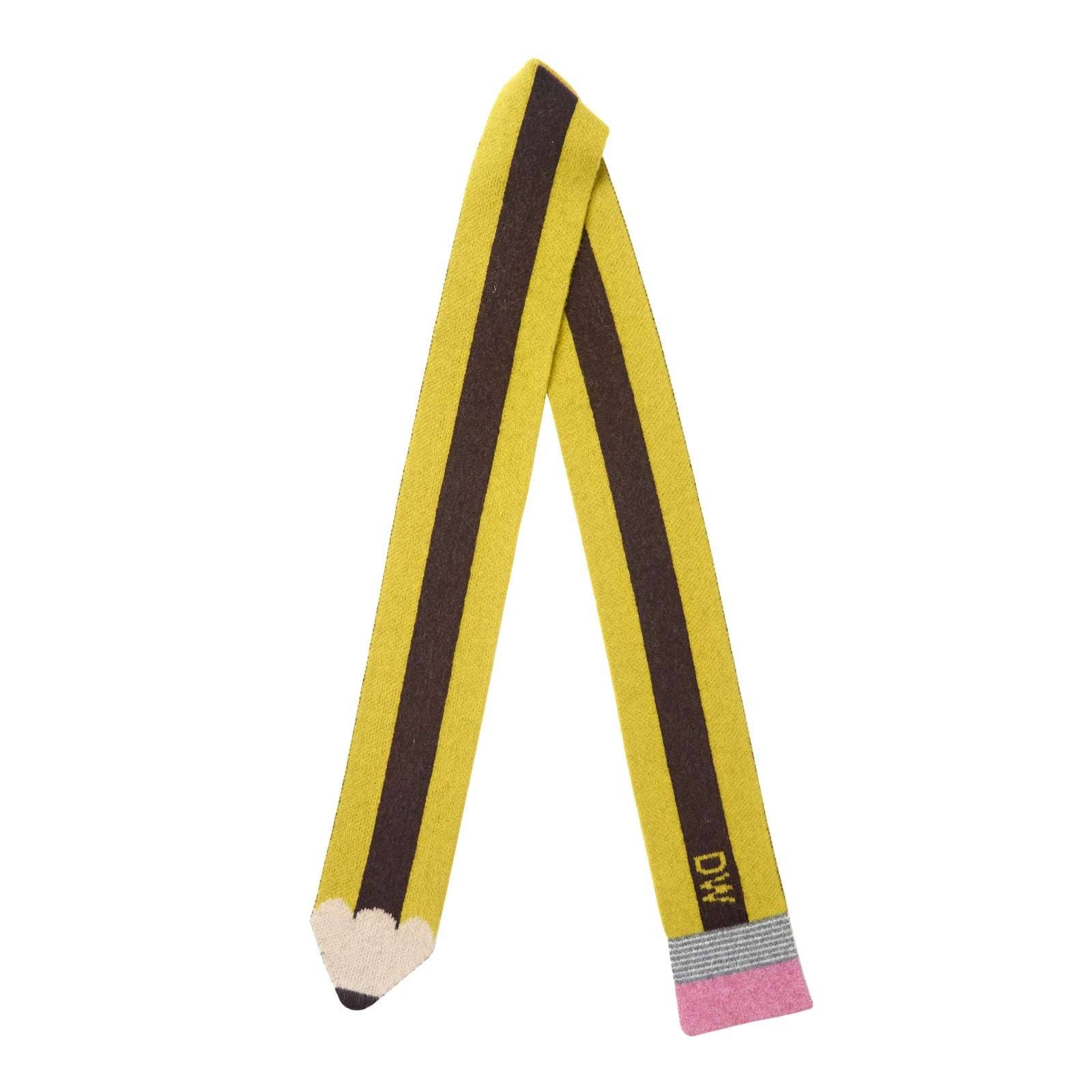 A novelty knit sweater designed to look like a pencil, featuring a yellow body, dark brown center stripe, white tip, and pink eraser, displayed on a solid white background.