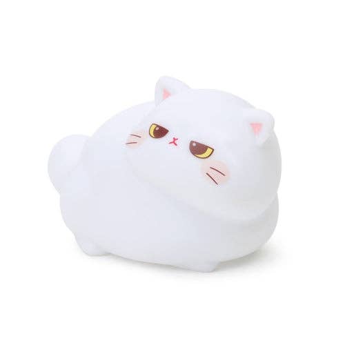 White cat-shaped plush toy with pink accents on a white background