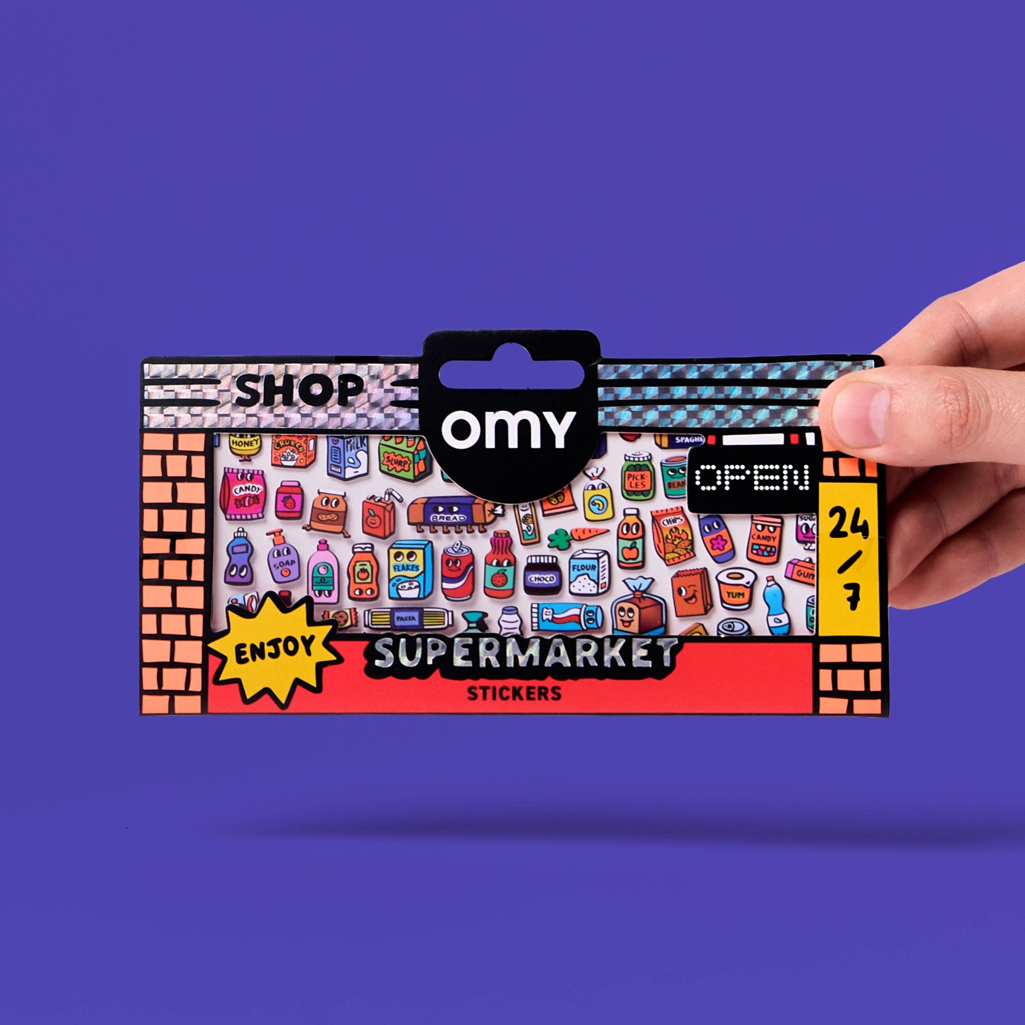 Pack of OMY stickers with supermarket design on a purple background