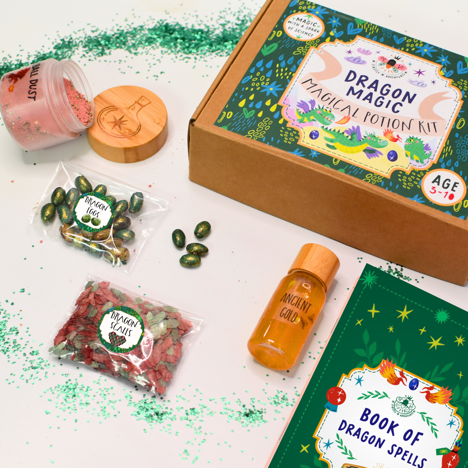 Dragon Magic potion kit with box, bottles, and book on a white background