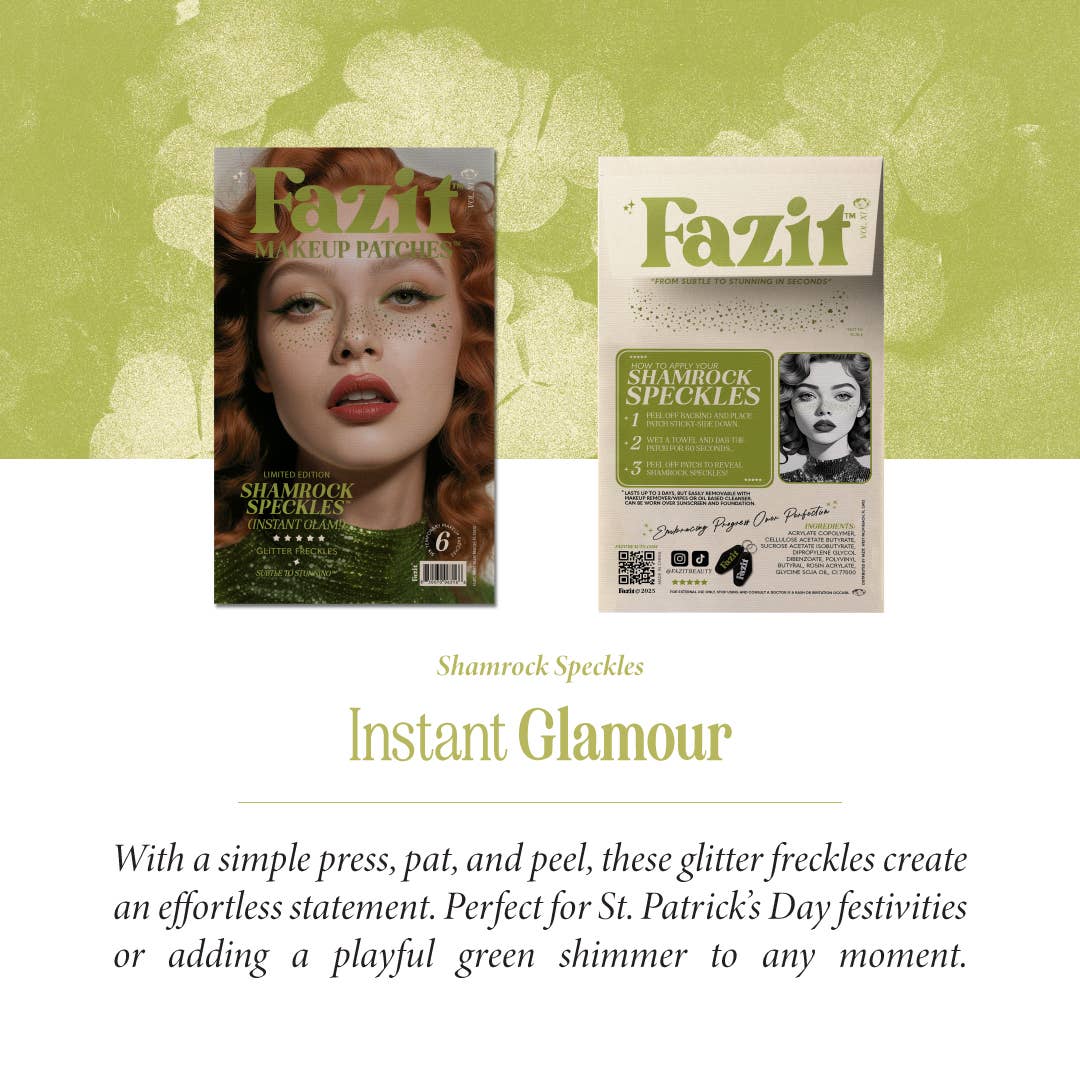 Fazit makeup patch packaging with a model wearing the product on a green floral background
