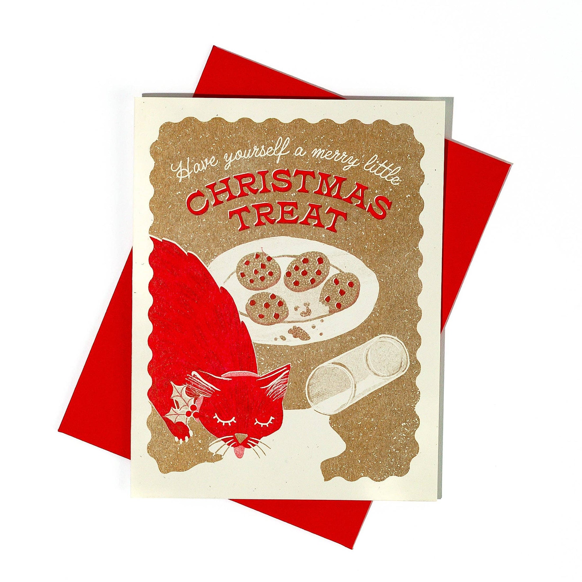 Christmas card with a red envelope featuring a cat, cookies, and text.