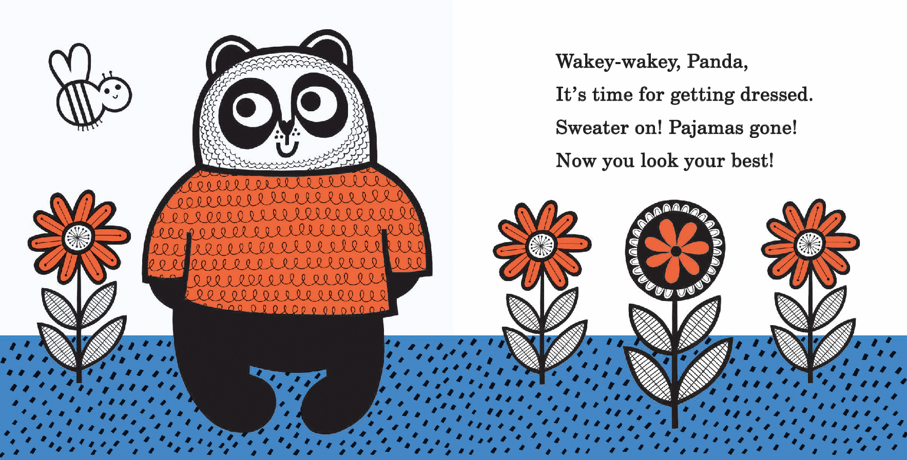 Illustration of a panda in an orange sweater with flowers and text on a blue background
