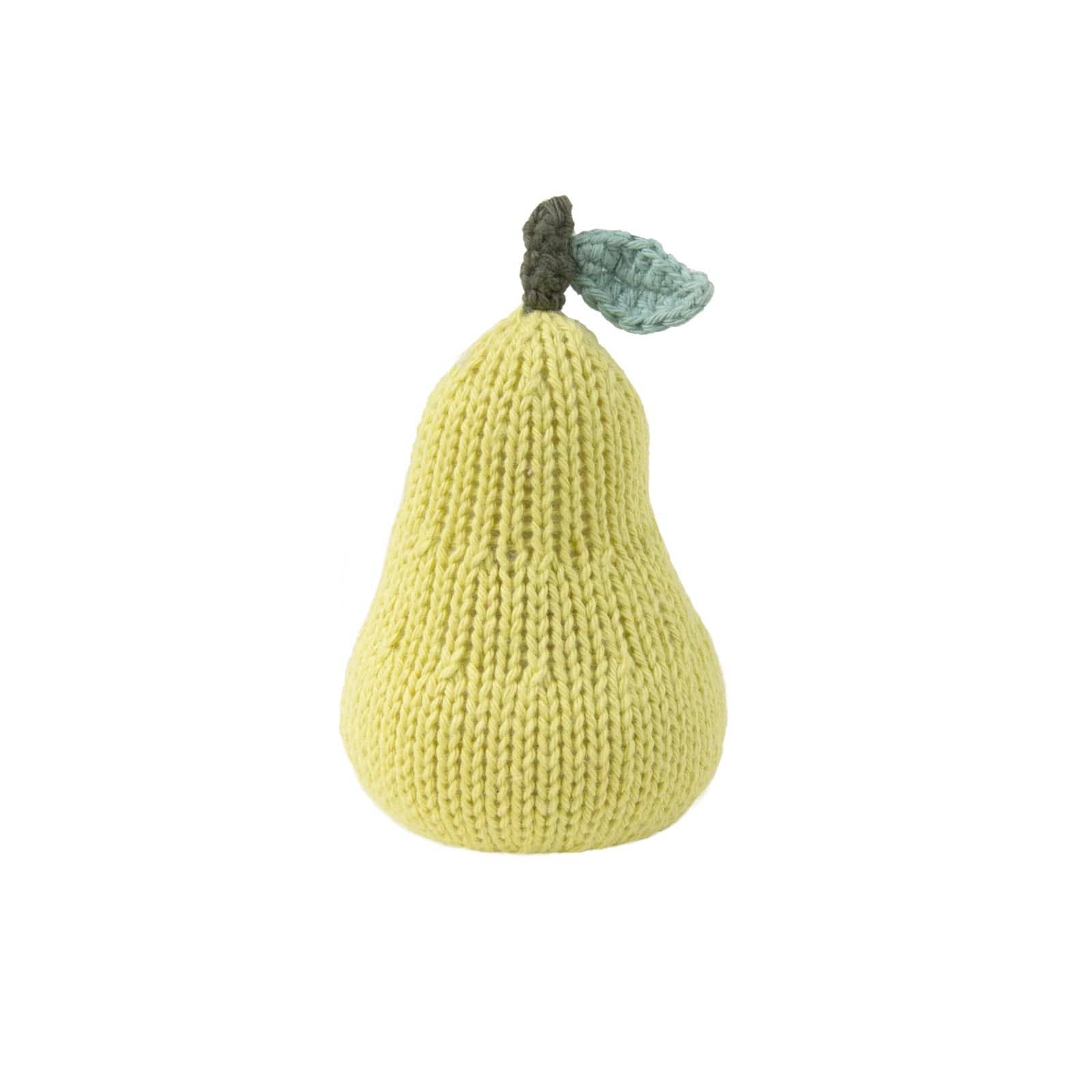 Knitted pear-shaped rattle with a leaf on a white background