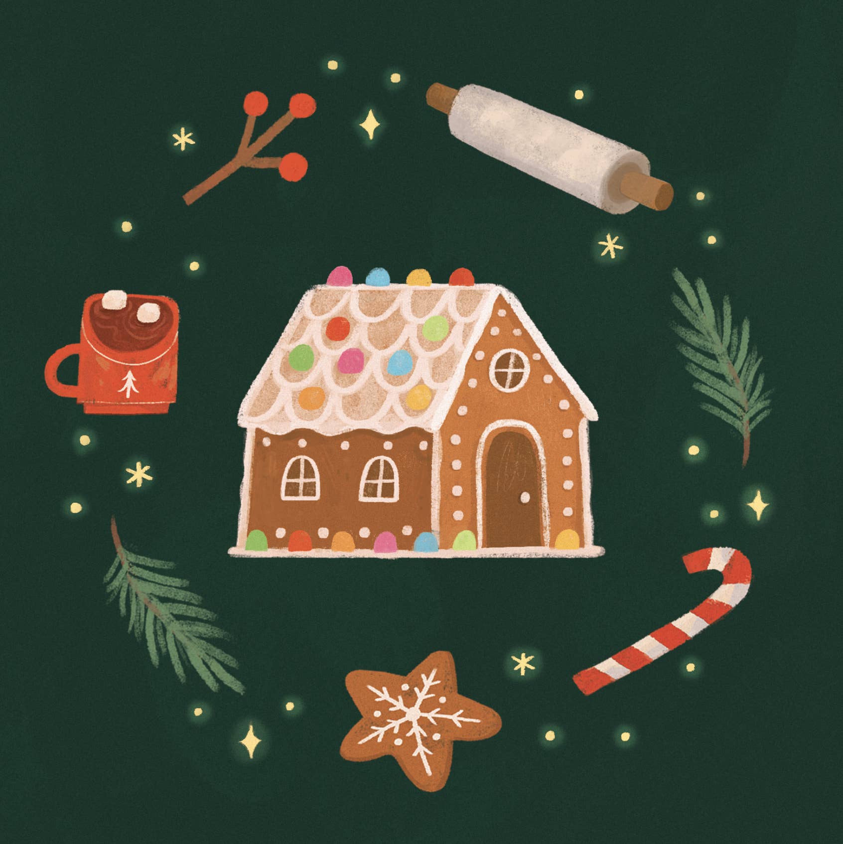 Illustration of a gingerbread house with festive elements on a dark green background