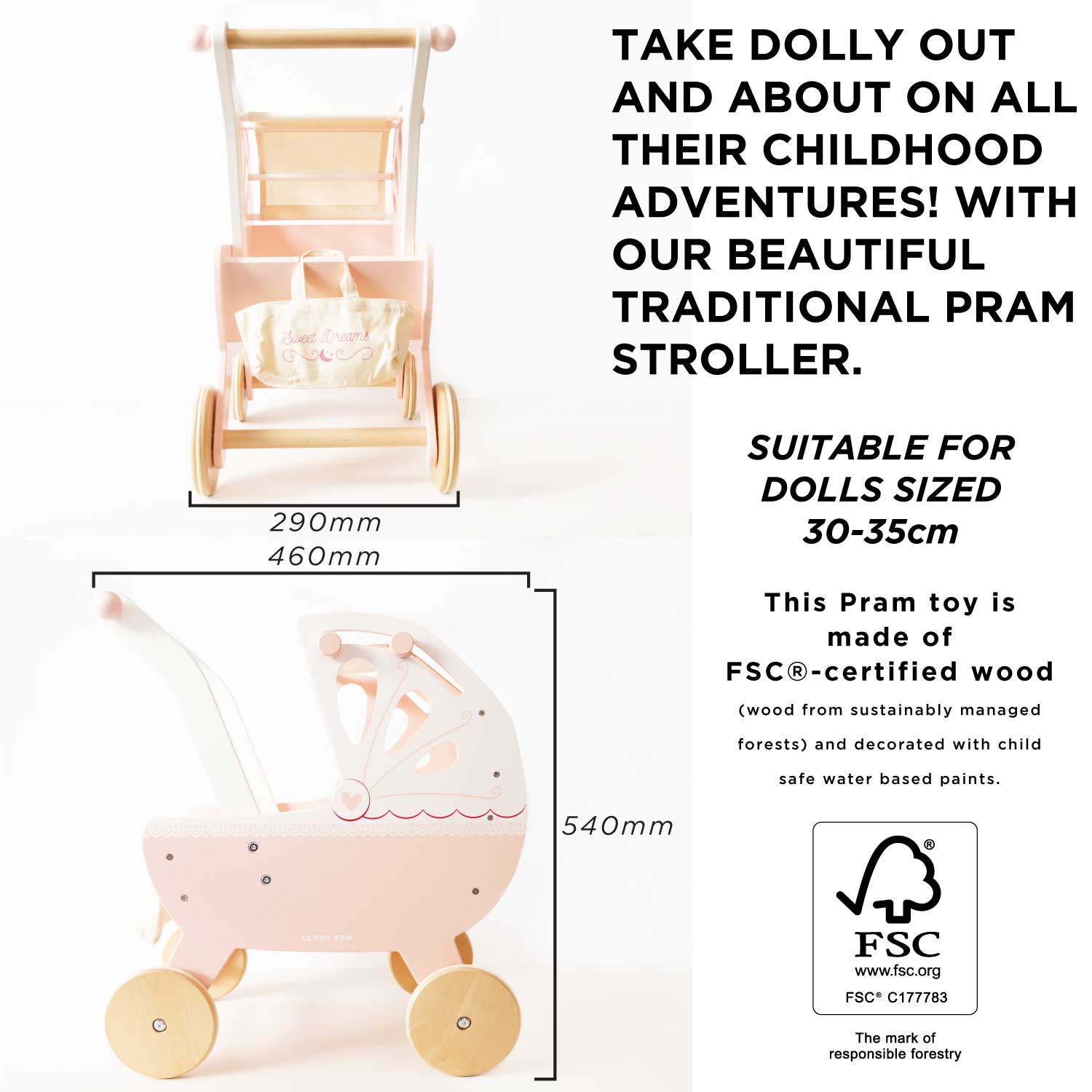 Wooden pram toy with dimensions and FSC certification label on a white background
