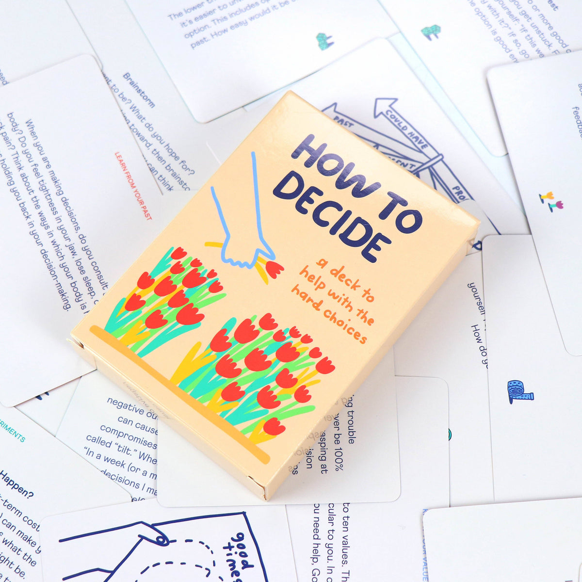 Card game box titled 'How to Decide' with colorful design on a background of cards.