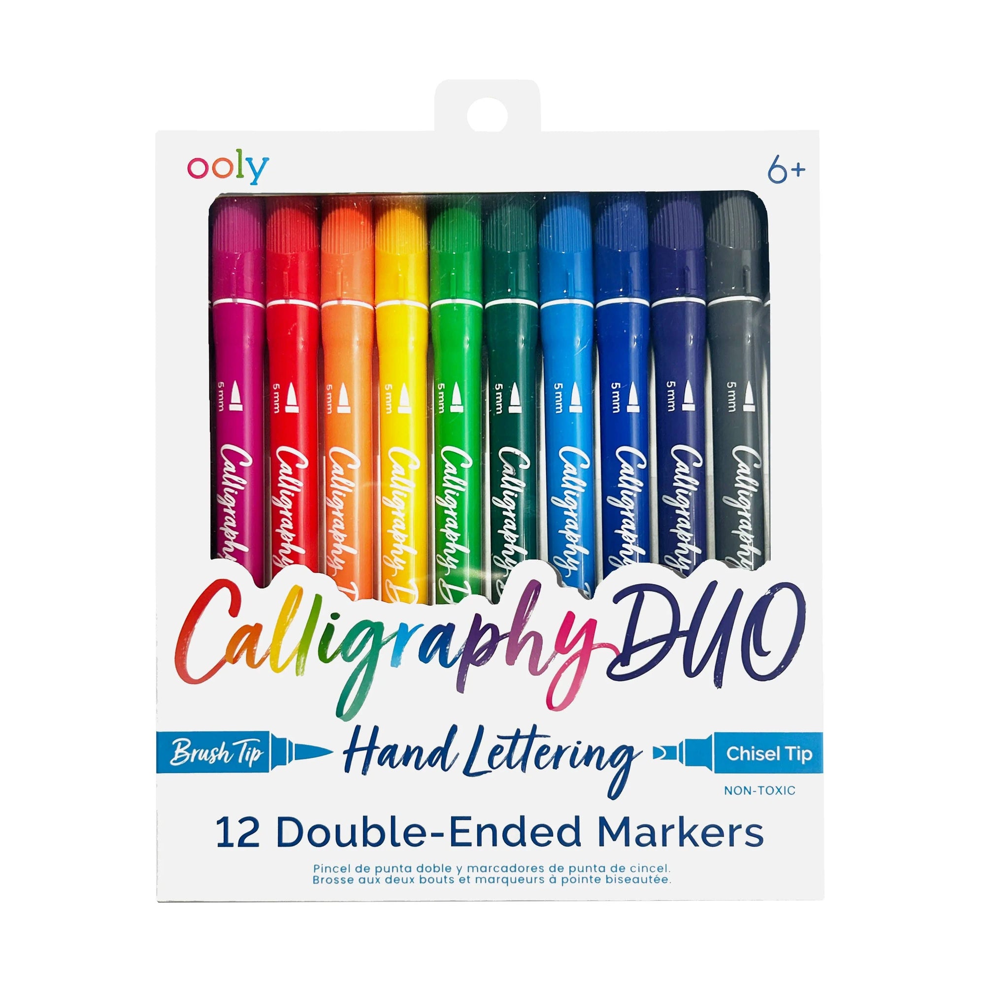 Packaging of 12 double-ended calligraphy markers with colorful caps on a white background.