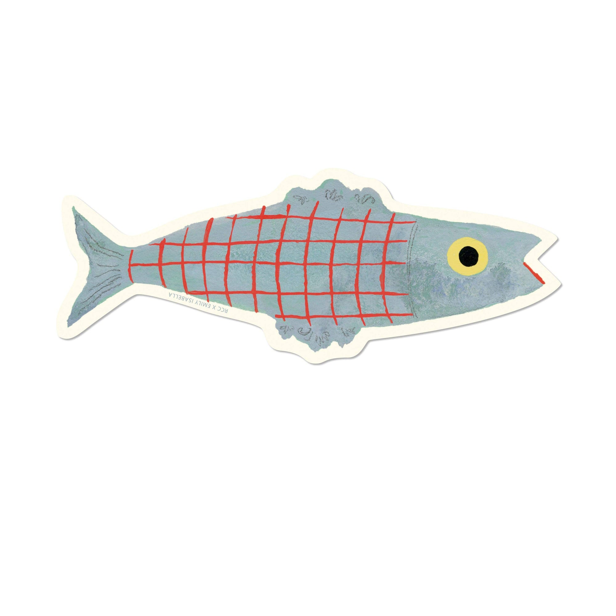 Fish-shaped sticker with red grid pattern on a white background