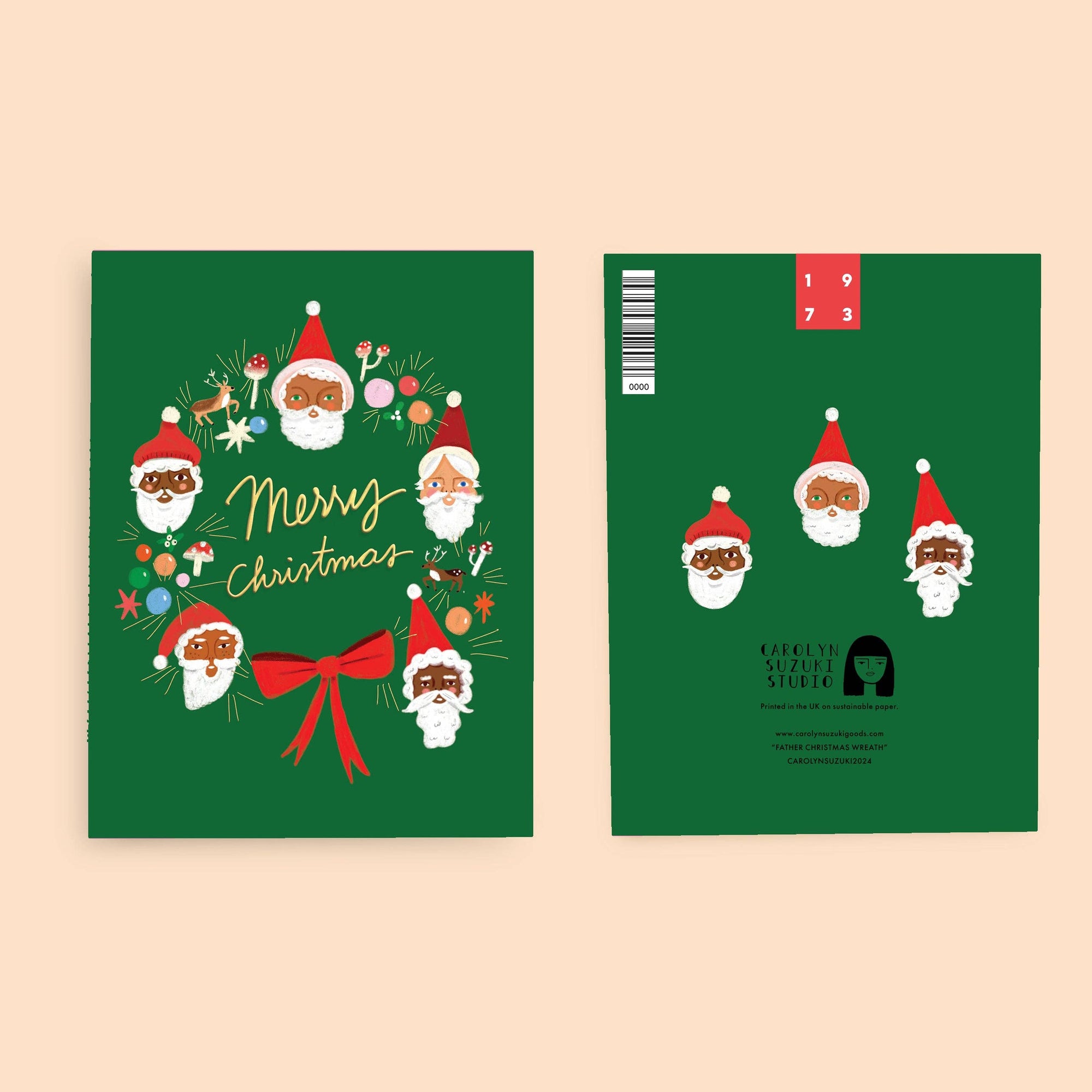 Two green Christmas cards with cartoon Santas and wreaths on a beige background