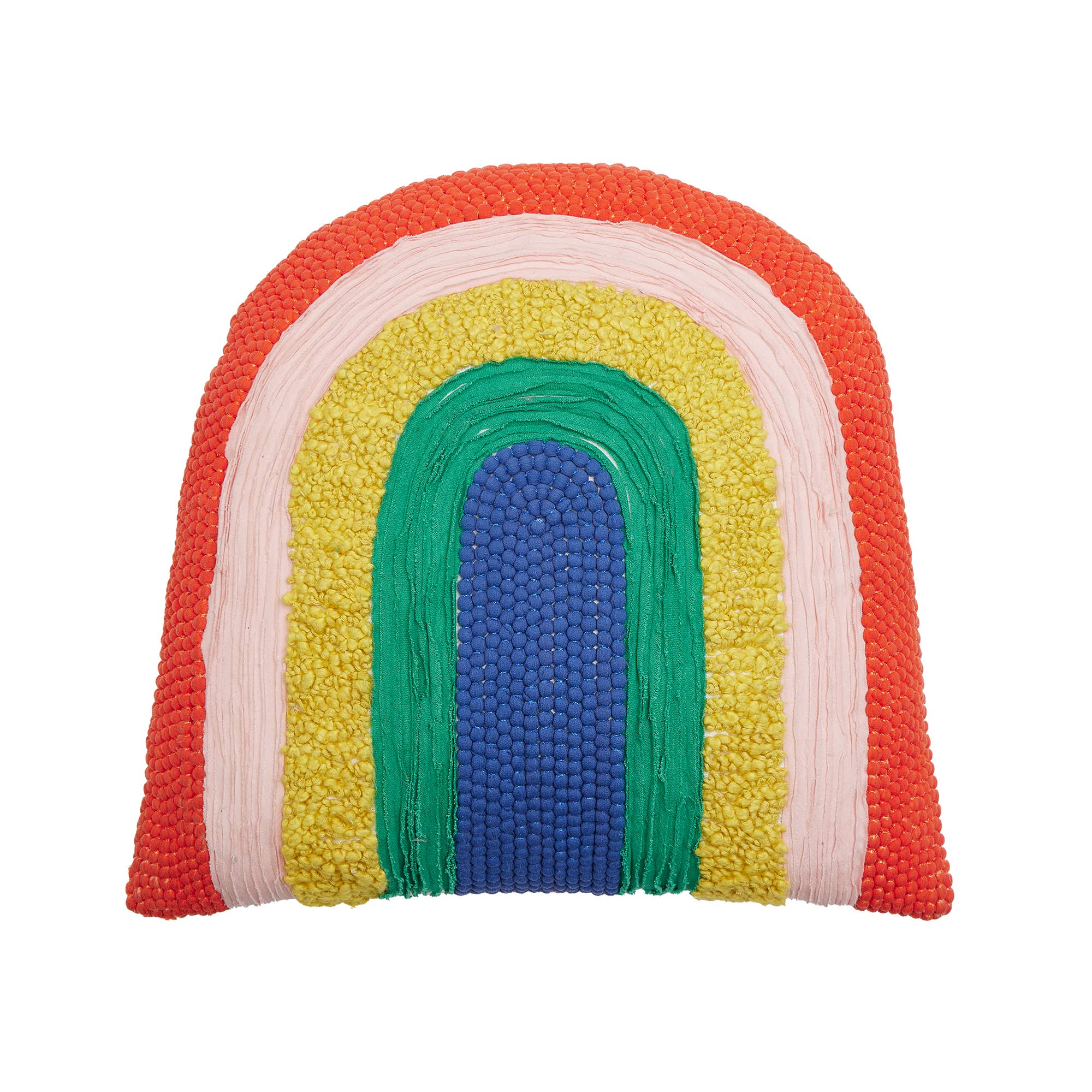 Colorful woven rainbow-shaped object on a white background