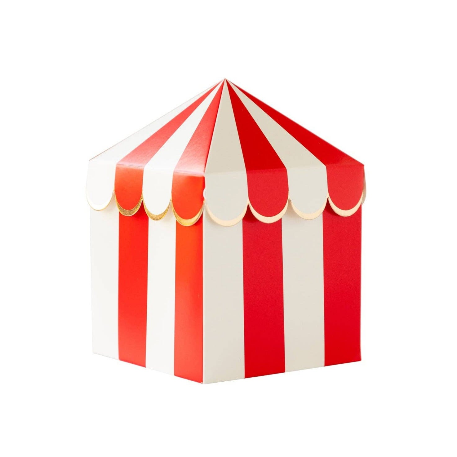 Red and white striped cube-shaped box on a white background