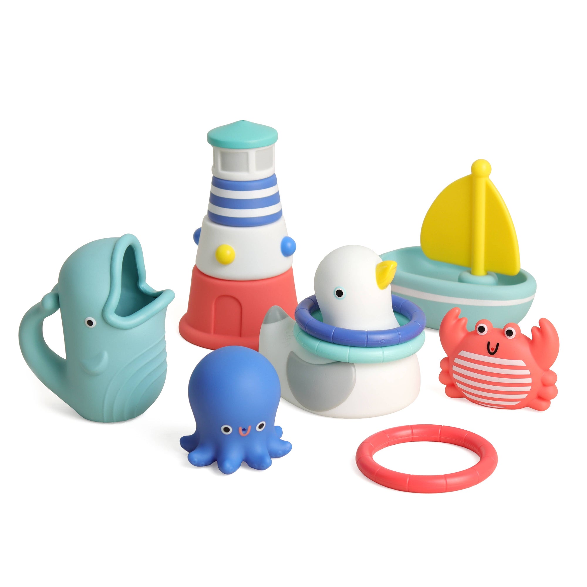 Set of colorful bath toys including an octopus, lighthouse, boat, and crab on a white background