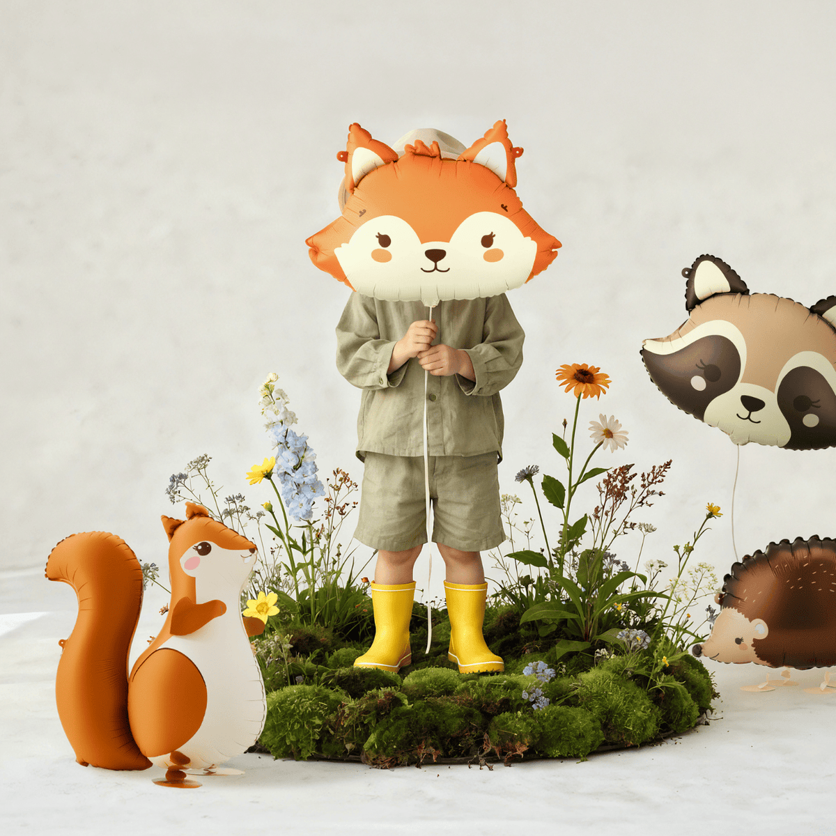 Children's play set with fox, raccoon, and squirrel balloons in a forest setting.