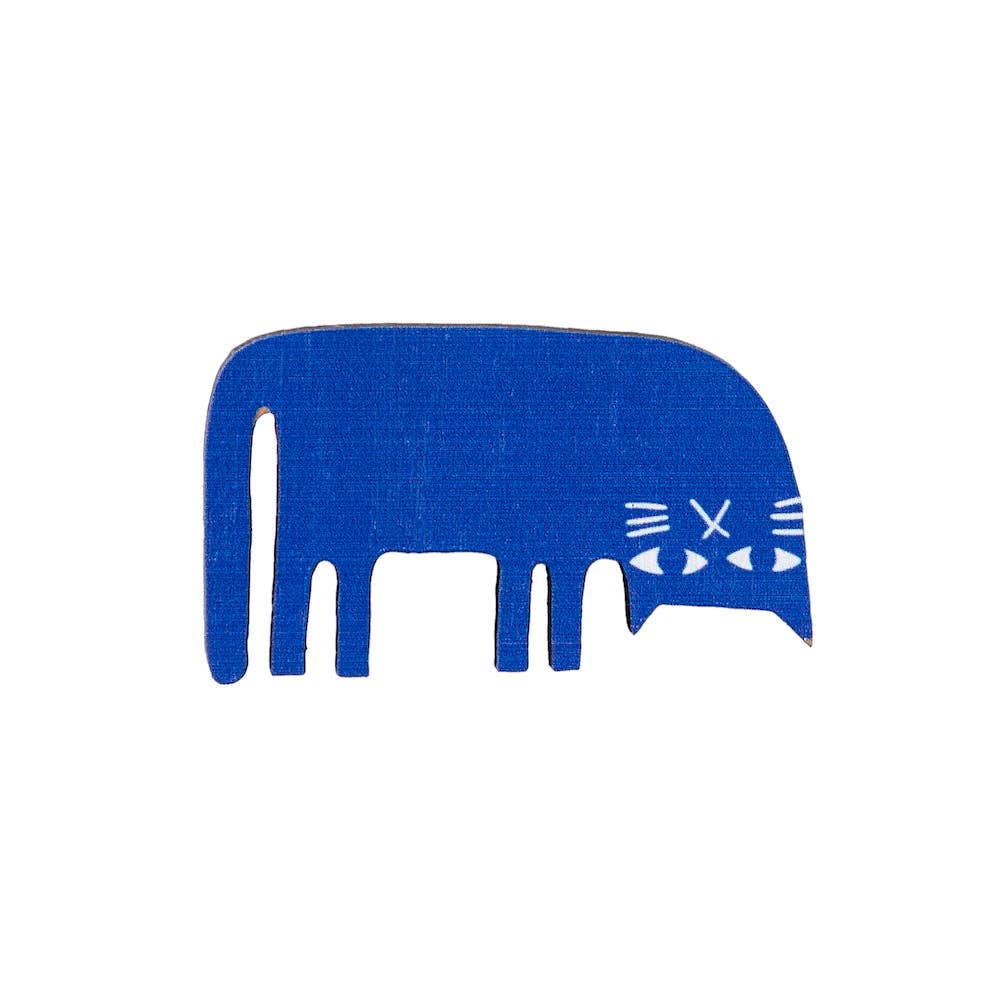 Blue cat-shaped pin on a white background