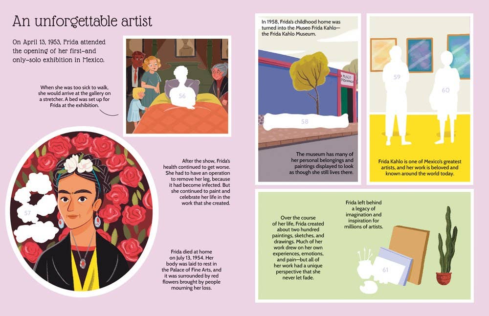 Illustrated book page about Frida Kahlo with text and images of her life and work.