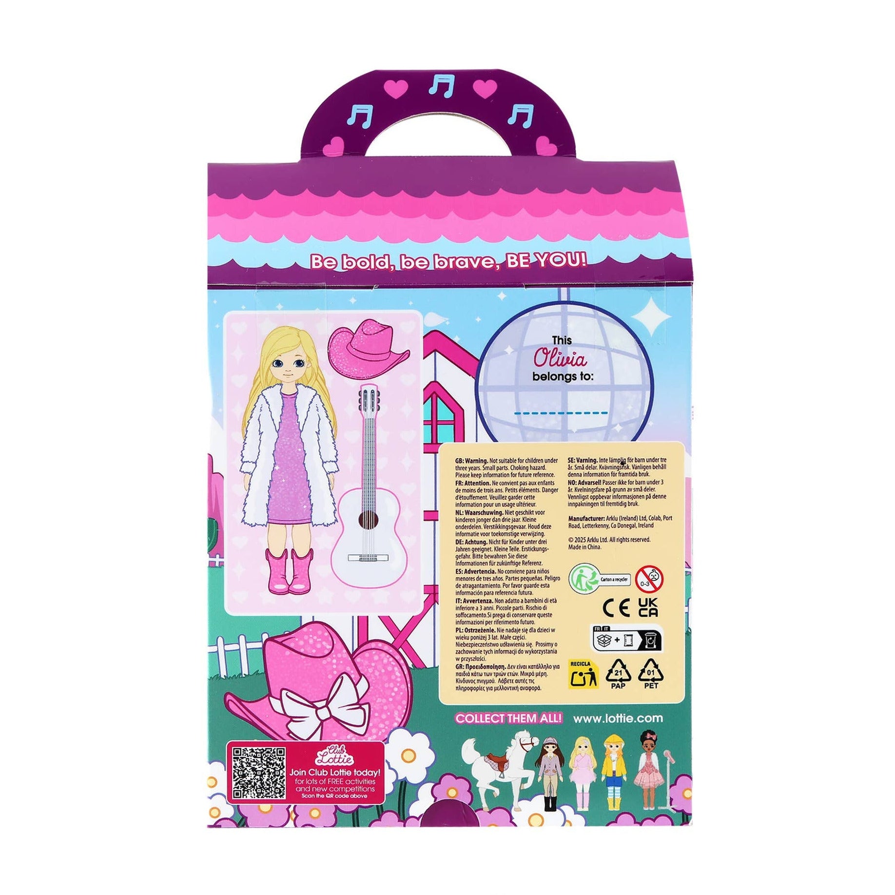 Colorful packaging of a doll with character illustration and text on a white background