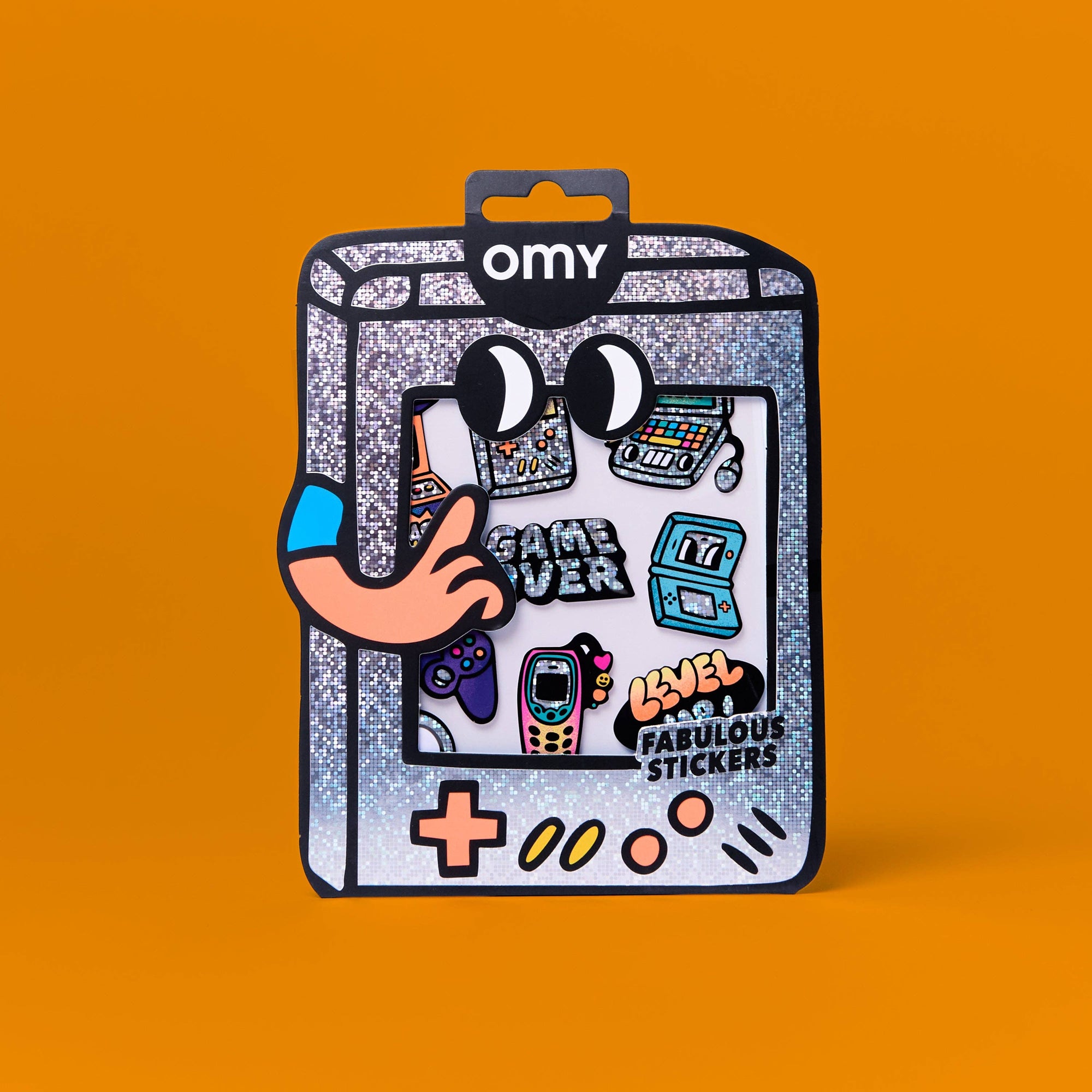 Pack of stickers with gaming theme on an orange background