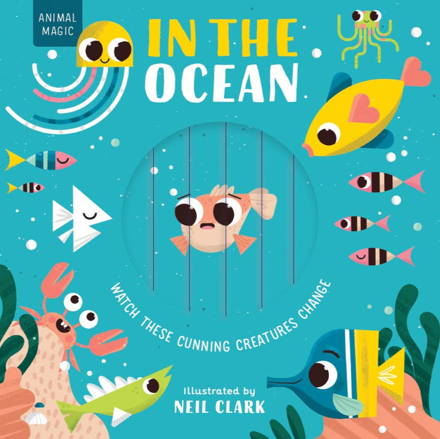 Book cover of 'In the Ocean' with cartoon fish and sea creatures on a blue background.