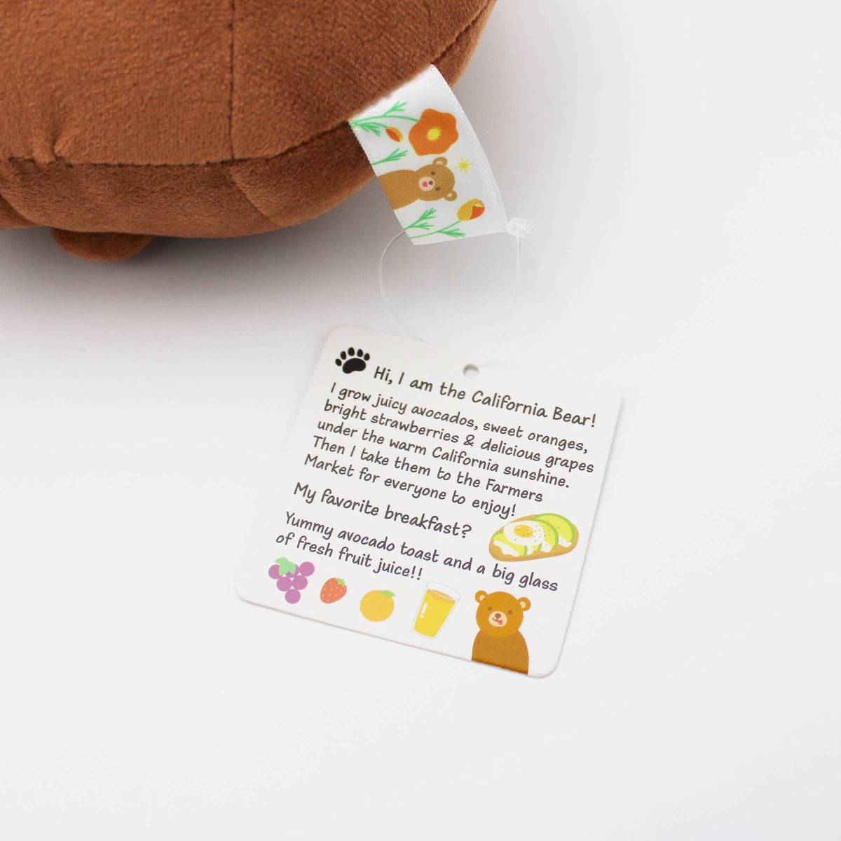 A close-up of a brown plush toy with a hanging paper tag. The tag reads 'Hi, I am the California Bear!' and features colorful illustrations of fruits, vegetables, and a bear, photographed on a clean white background.