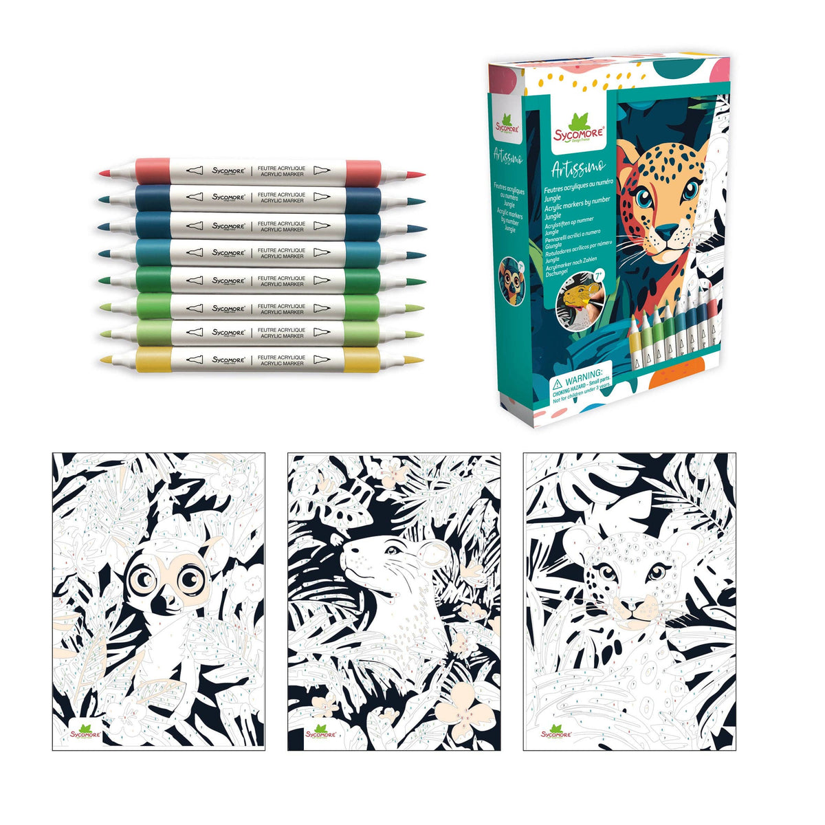 Set of coloring pens with a box featuring a leopard, coloring pages with animal designs, and a coloring book.